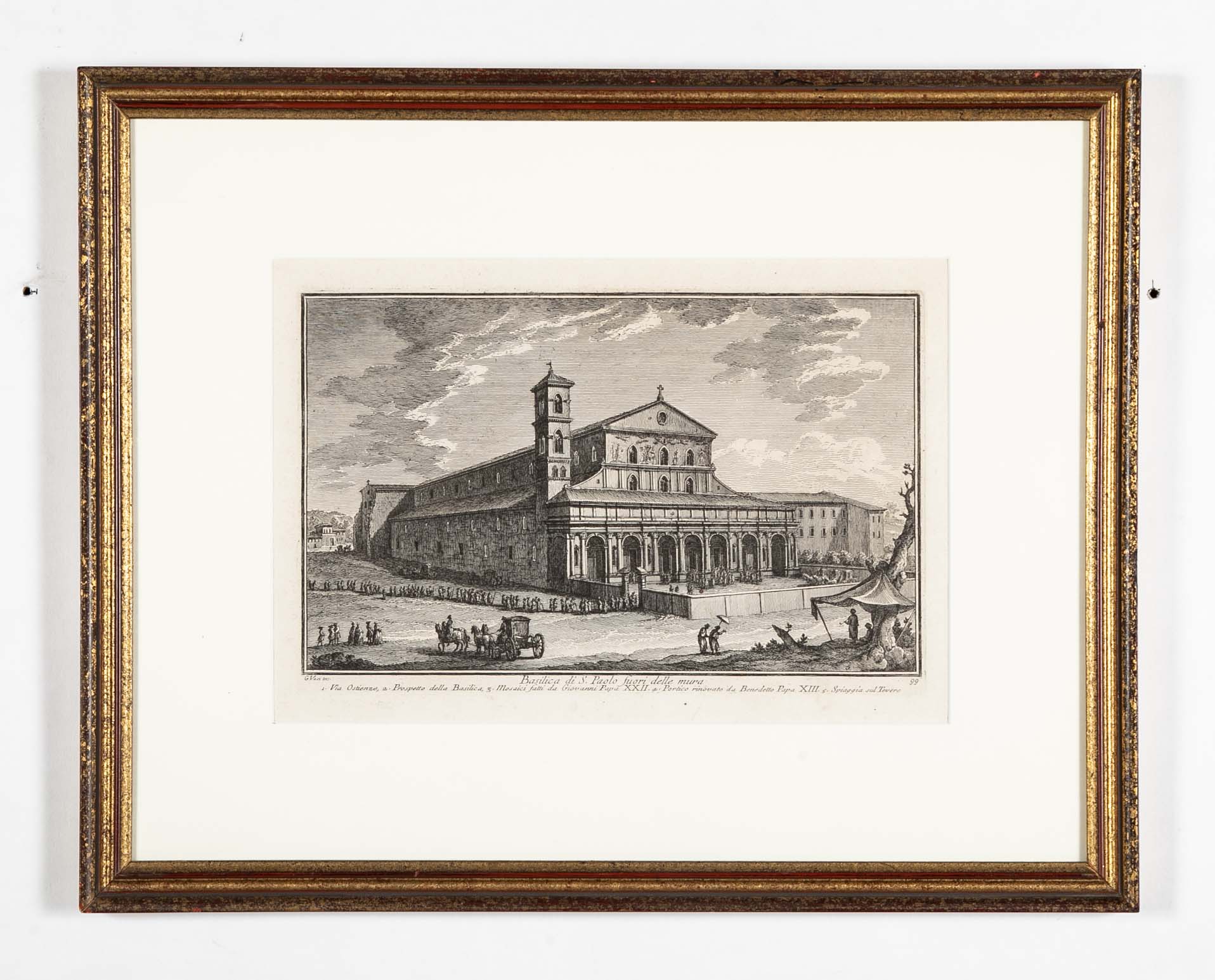 Pair 18th Century Framed Italian Etchings of Churches in Rome by Guiseppe Vasi