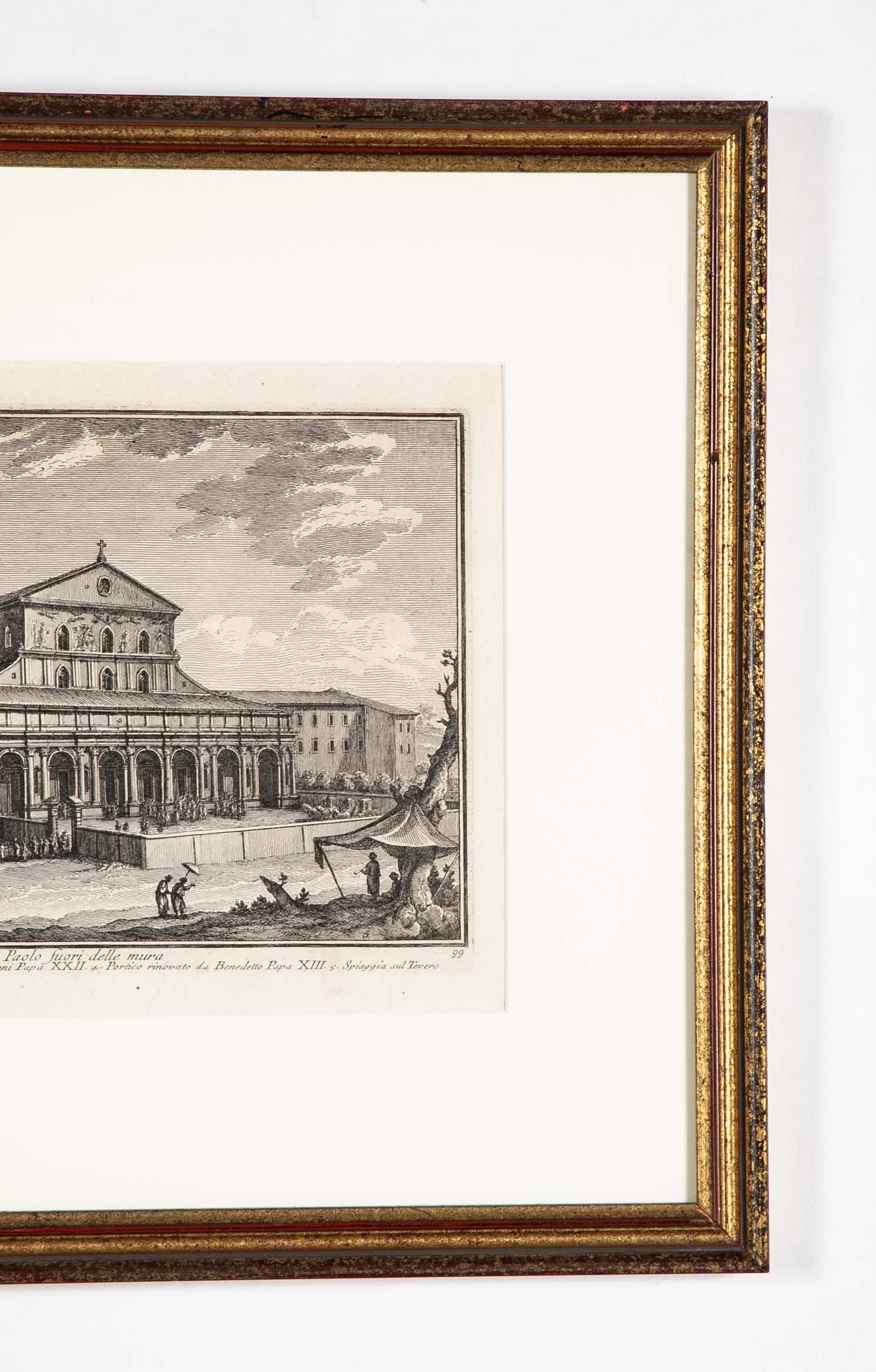 Pair 18th Century Framed Italian Etchings of Churches in Rome by Guiseppe Vasi