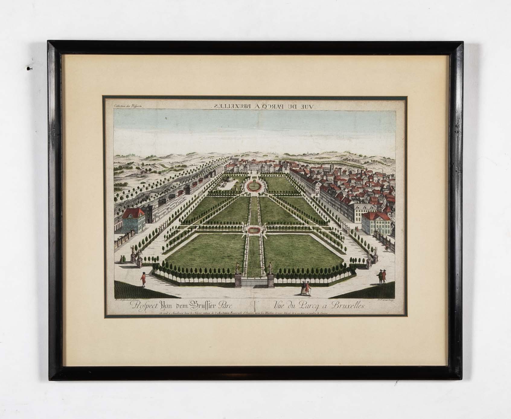 Pair 18th Century Hand Colored Engravings of Brussels by Frederic Leizel