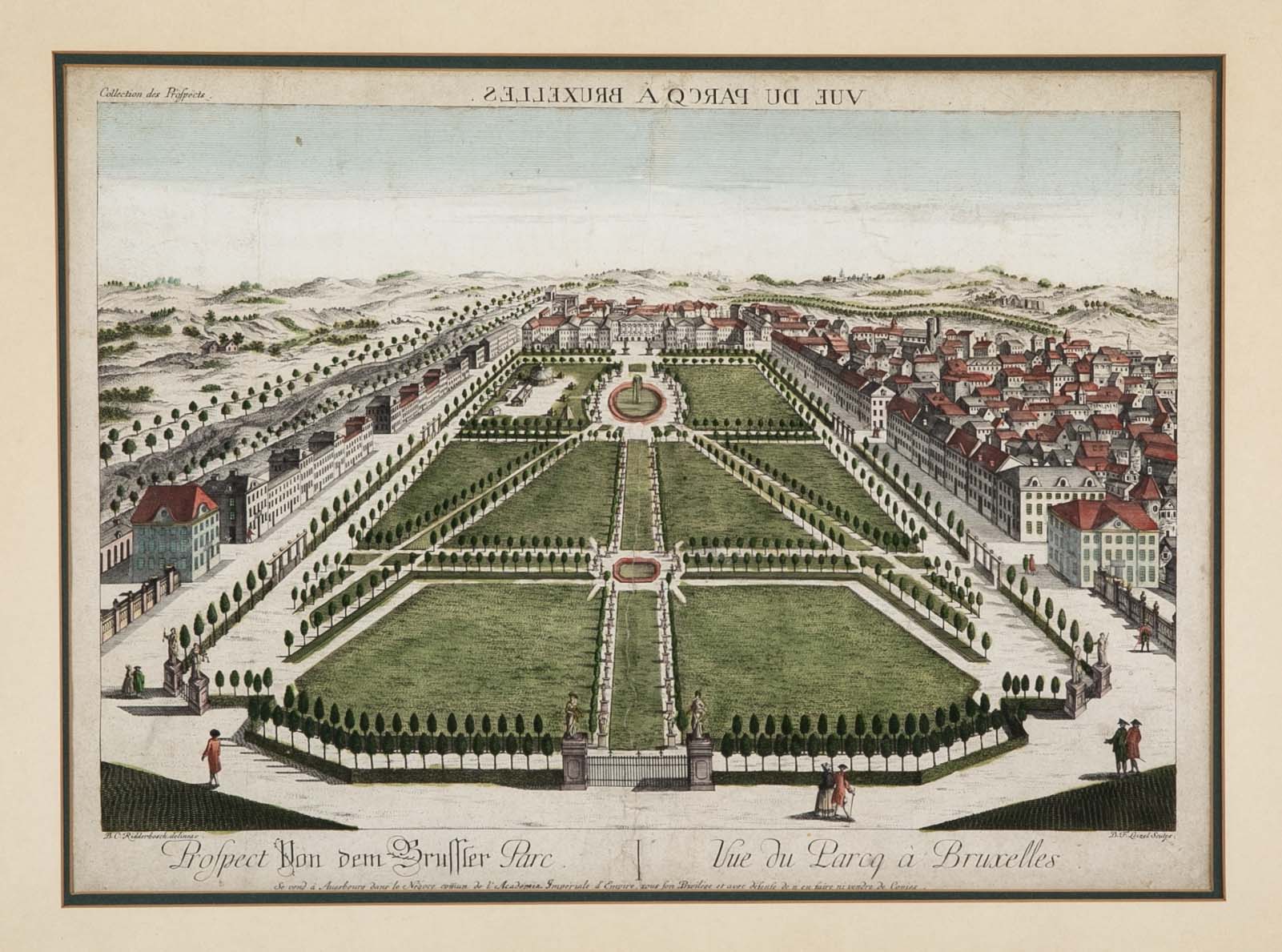 Pair 18th Century Hand Colored Engravings of Brussels by Frederic Leizel