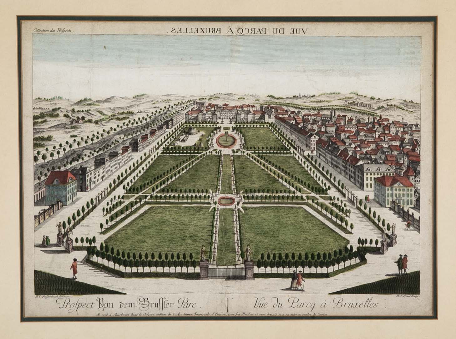 Pair 18th Century Hand Colored Engravings of Brussels by Frederic Leizel