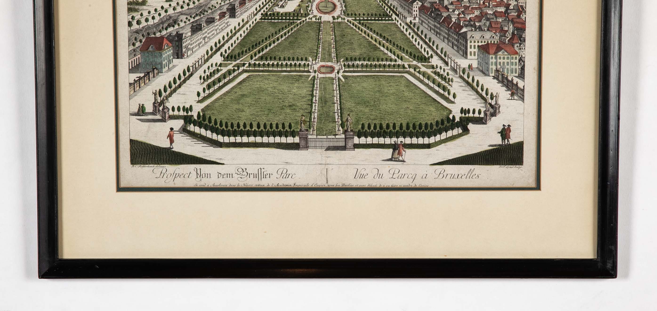 Pair 18th Century Hand Colored Engravings of Brussels by Frederic Leizel