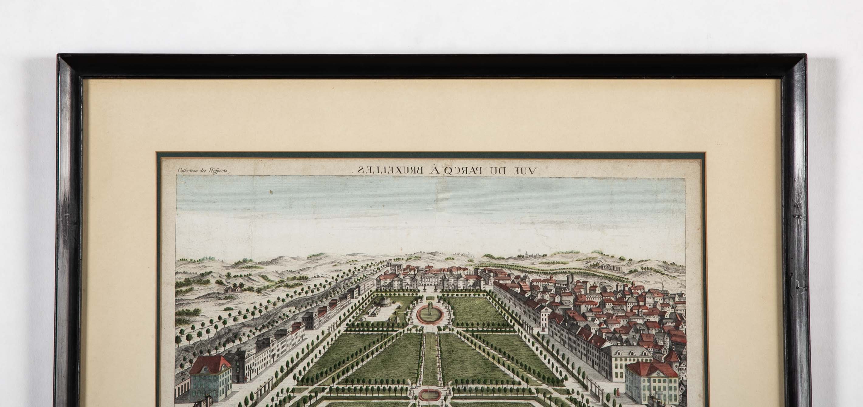 Pair 18th Century Hand Colored Engravings of Brussels by Frederic Leizel