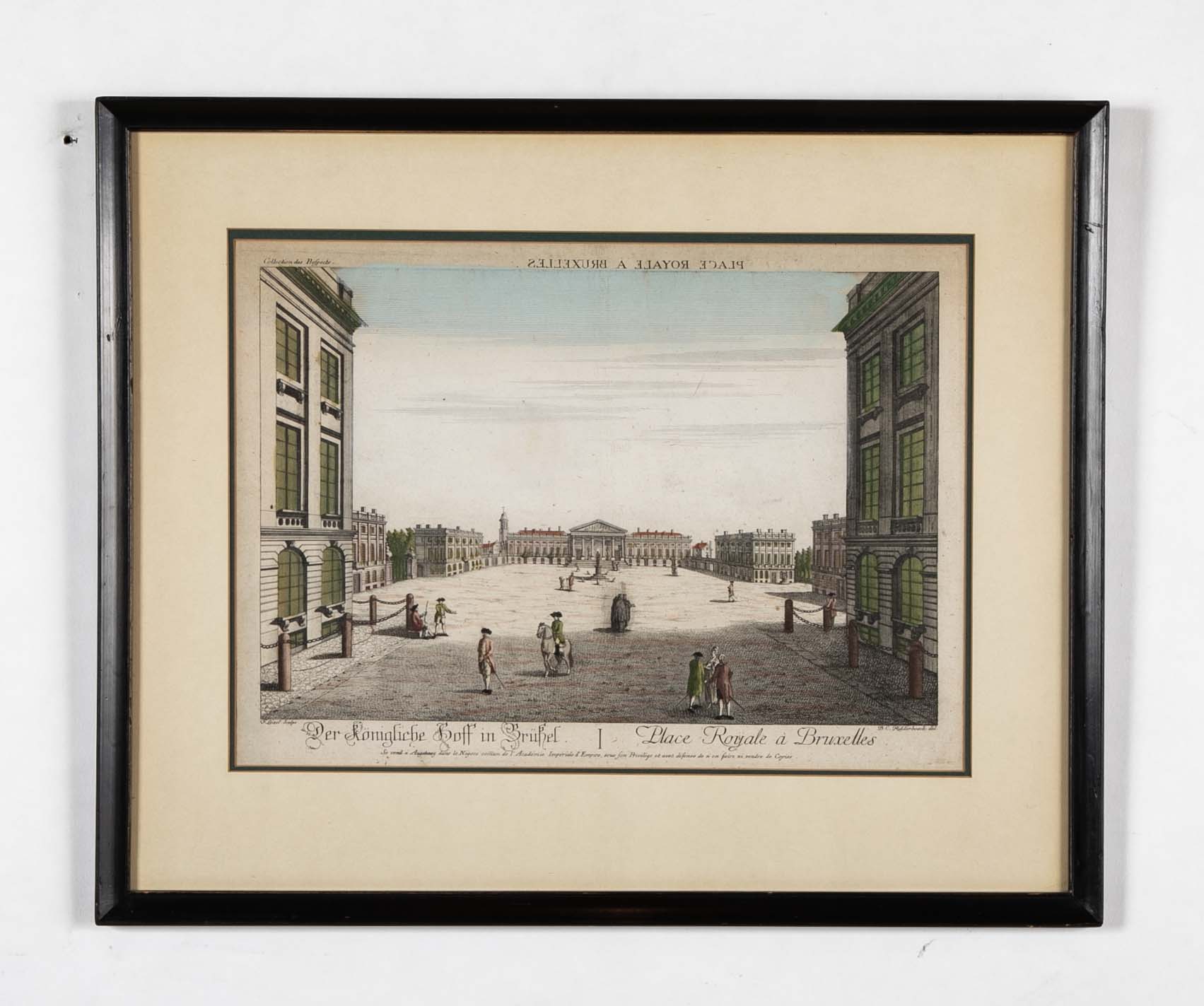 Pair 18th Century Hand Colored Engravings of Brussels by Frederic Leizel