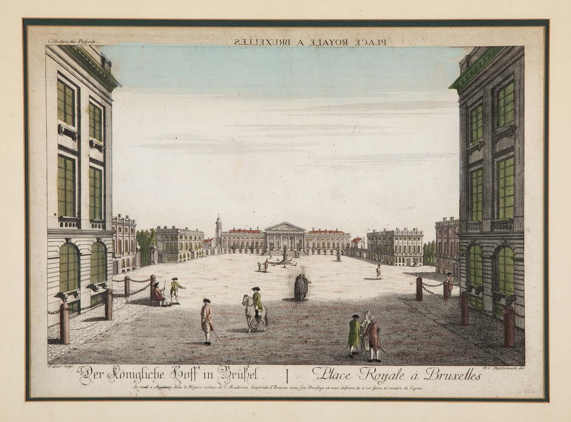Pair 18th Century Hand Colored Engravings of Brussels by Frederic Leizel