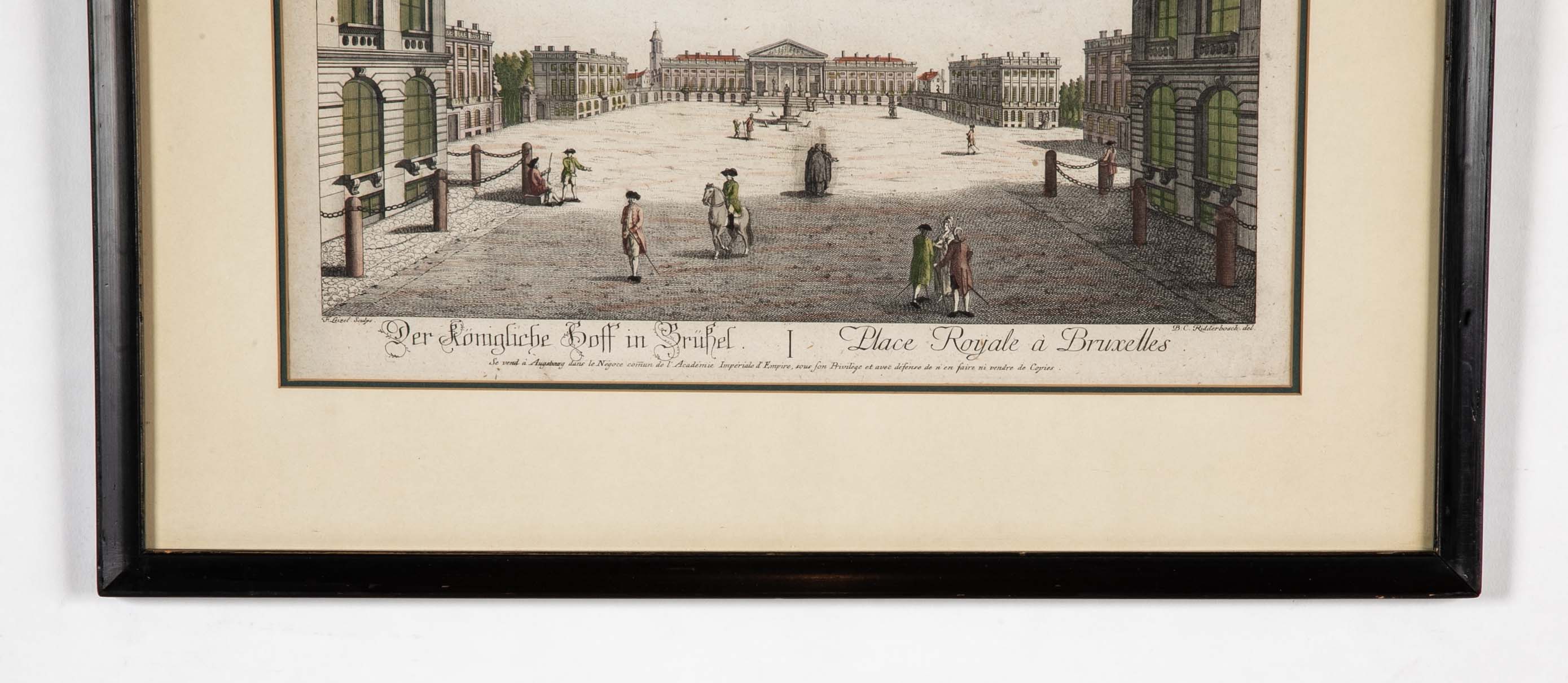 Pair 18th Century Hand Colored Engravings of Brussels by Frederic Leizel