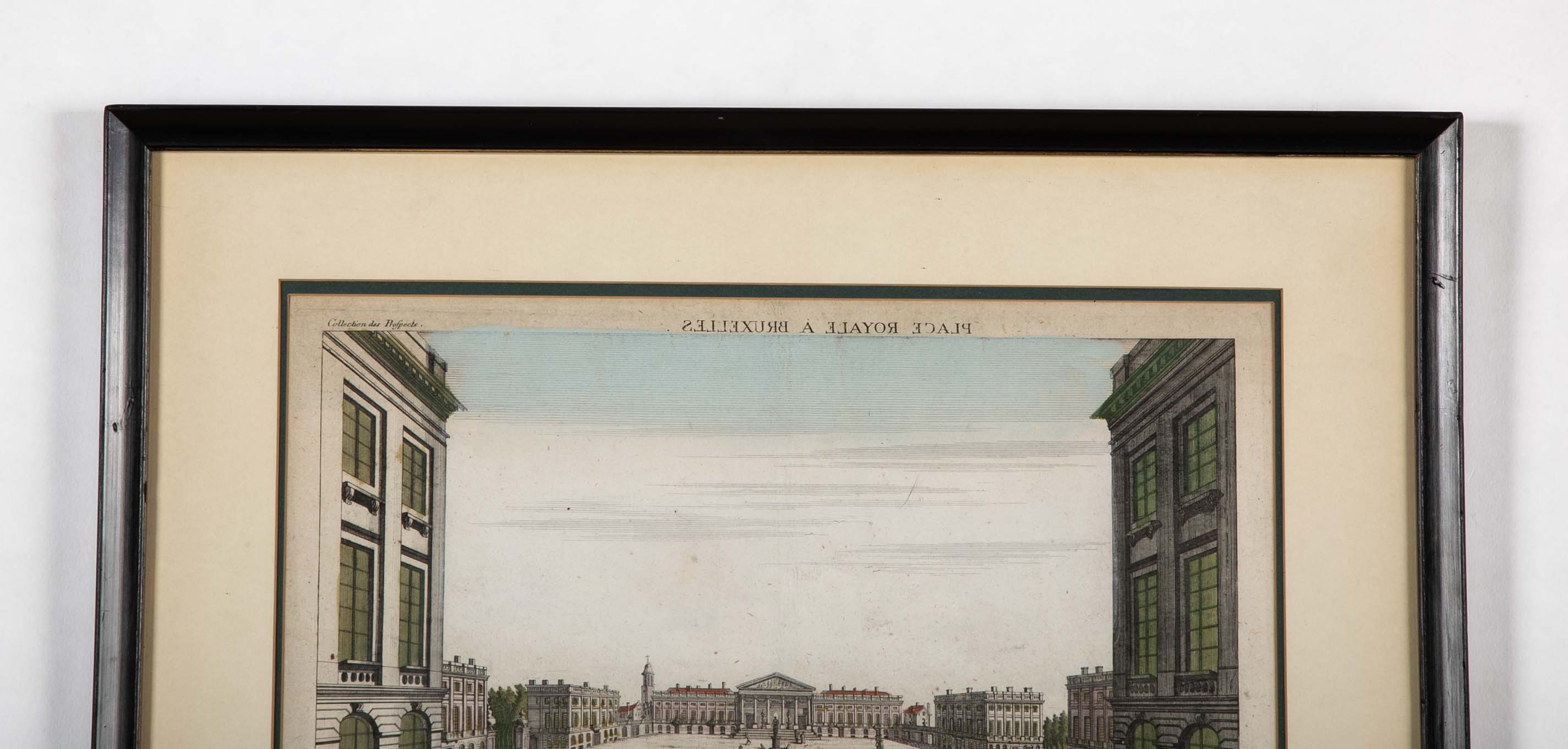 Pair 18th Century Hand Colored Engravings of Brussels by Frederic Leizel
