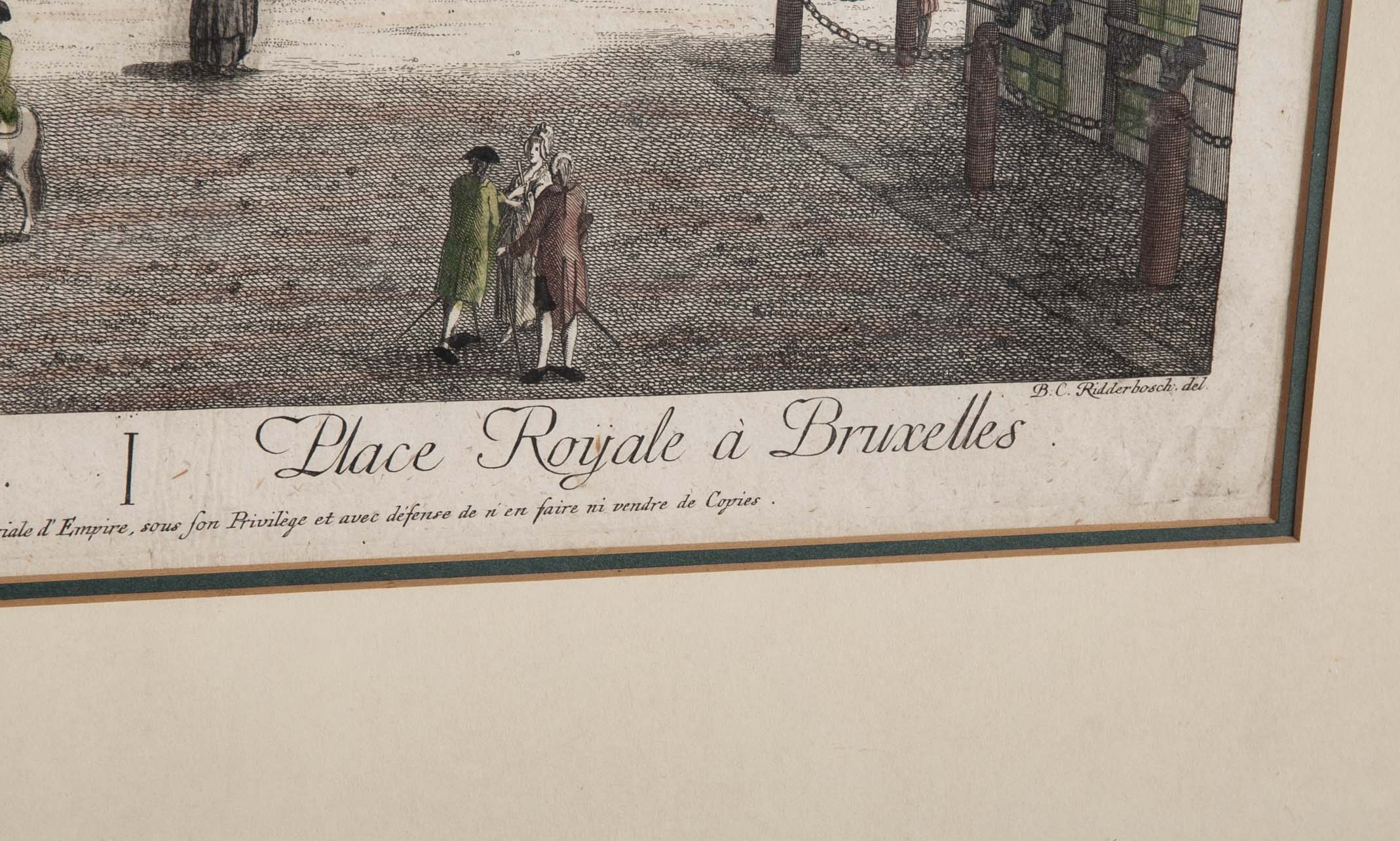 Pair 18th Century Hand Colored Engravings of Brussels by Frederic Leizel