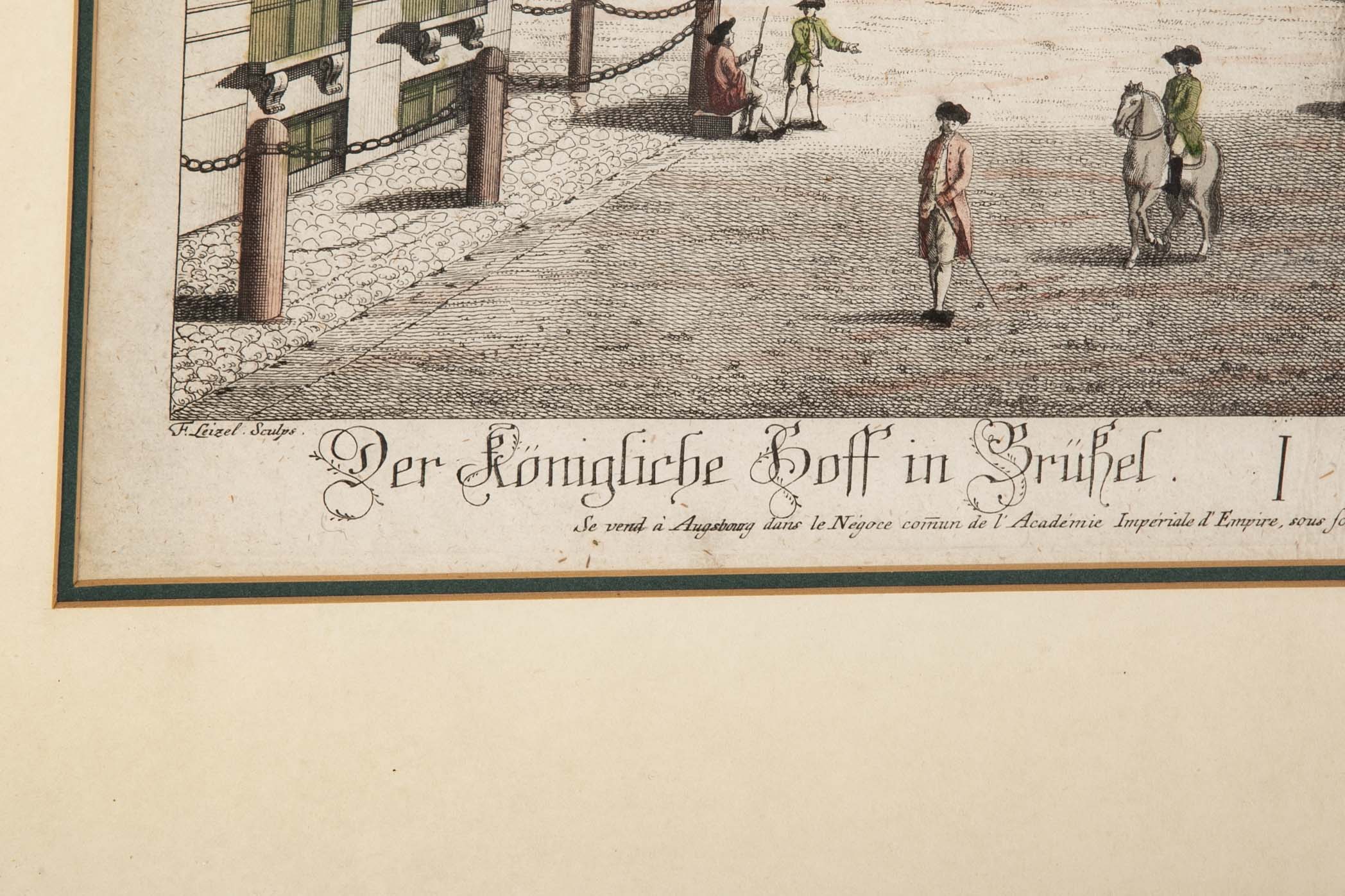 Pair 18th Century Hand Colored Engravings of Brussels by Frederic Leizel