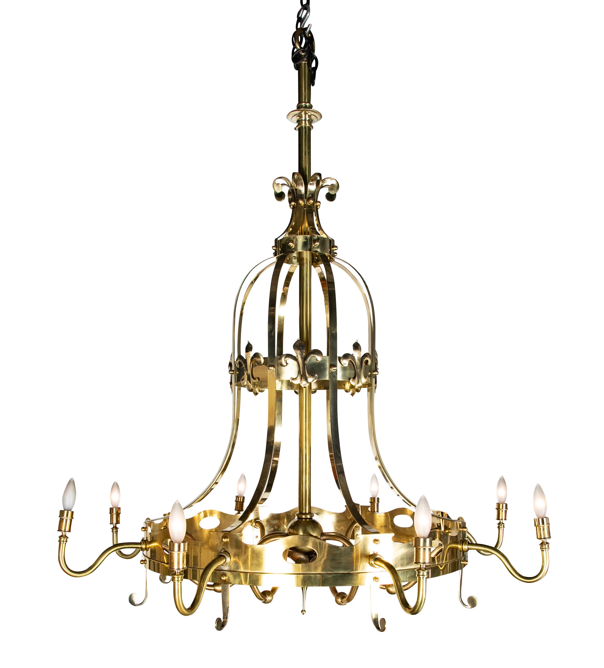 French Brass Eight Light Chandelier with Fleur de Lis