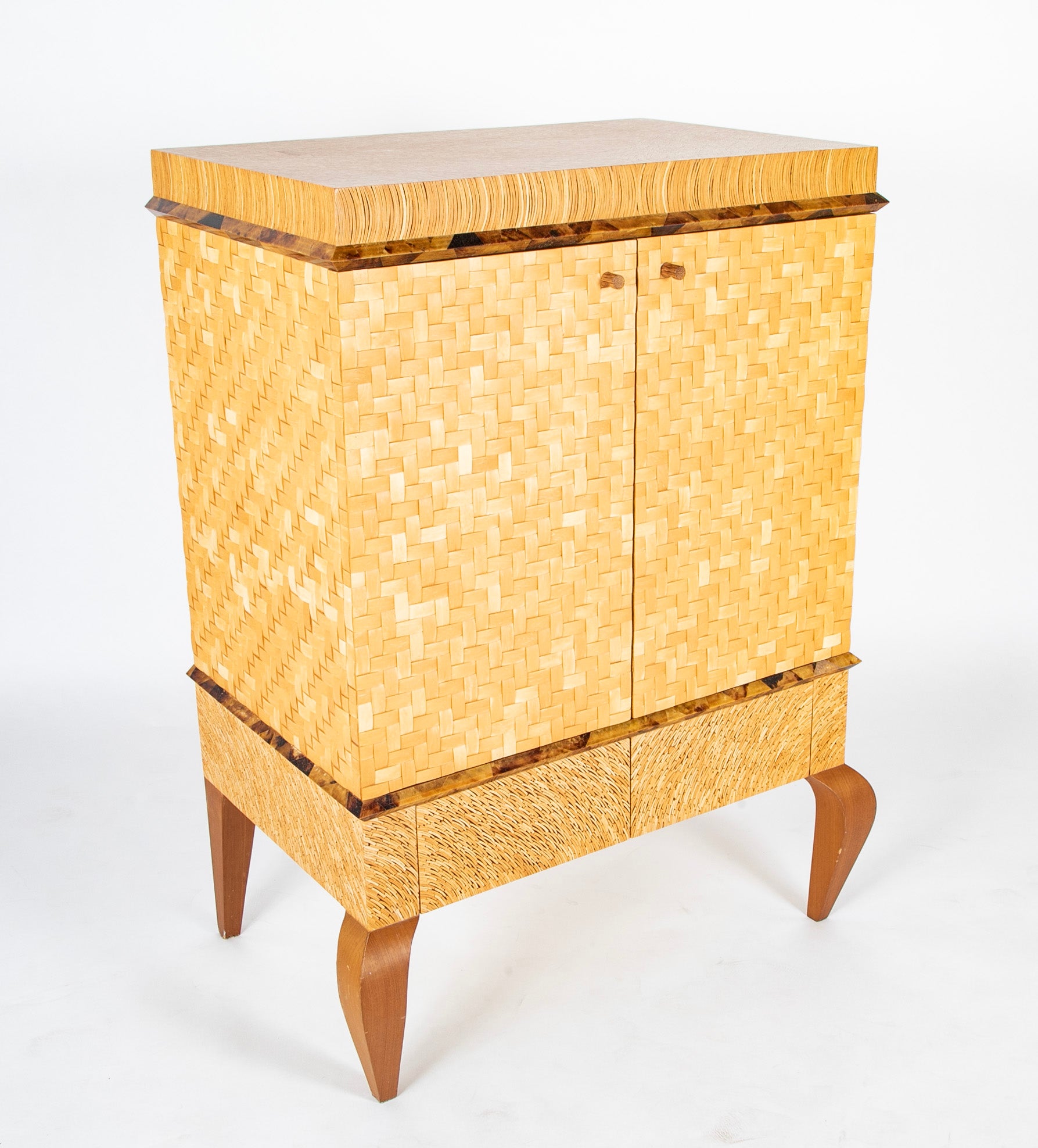 R & Y Augousti Style Lacquered Bamboo, Pen Shell and Egg Shell Cabinet