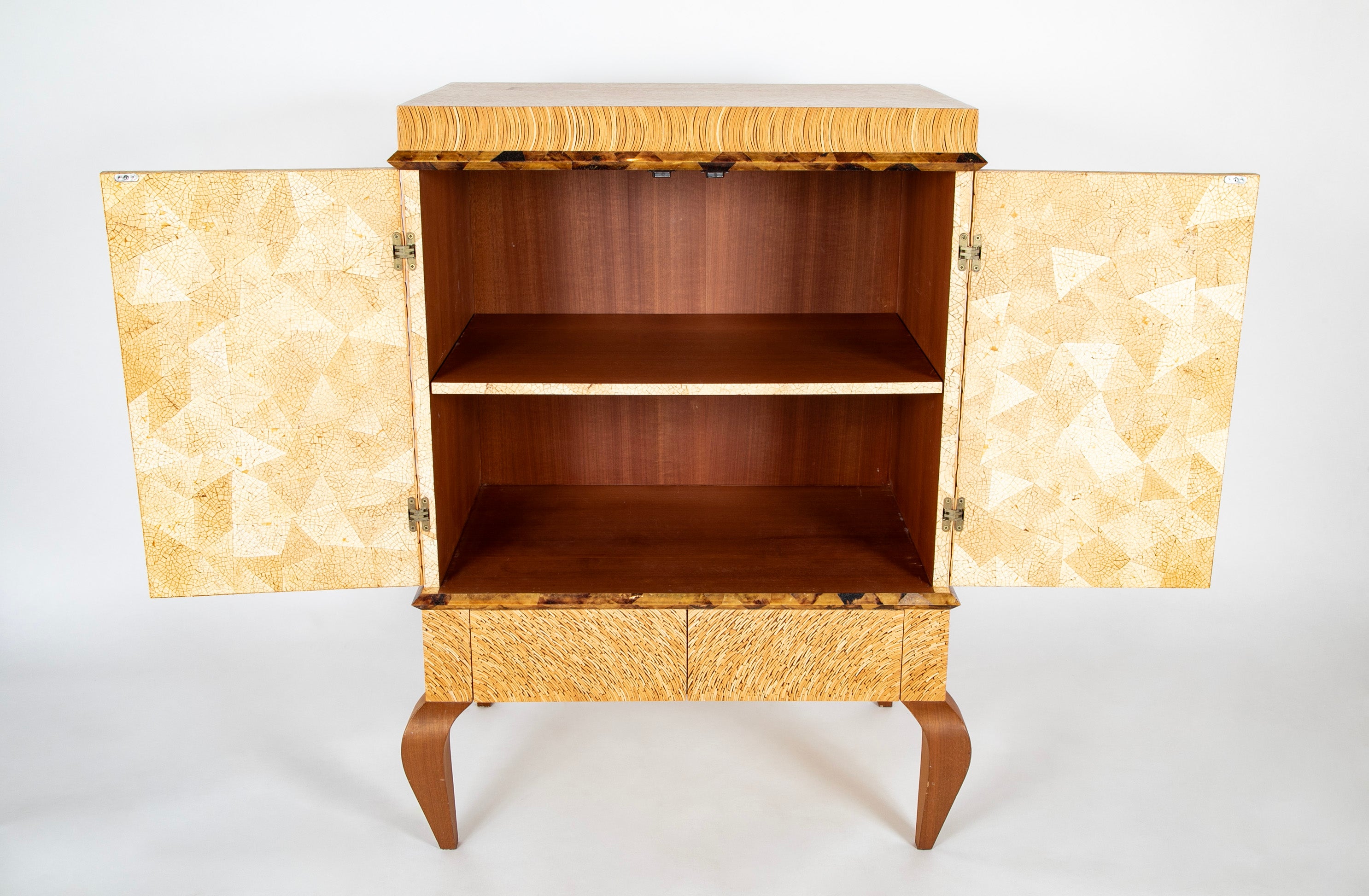 R & Y Augousti Style Lacquered Bamboo, Pen Shell and Egg Shell Cabinet
