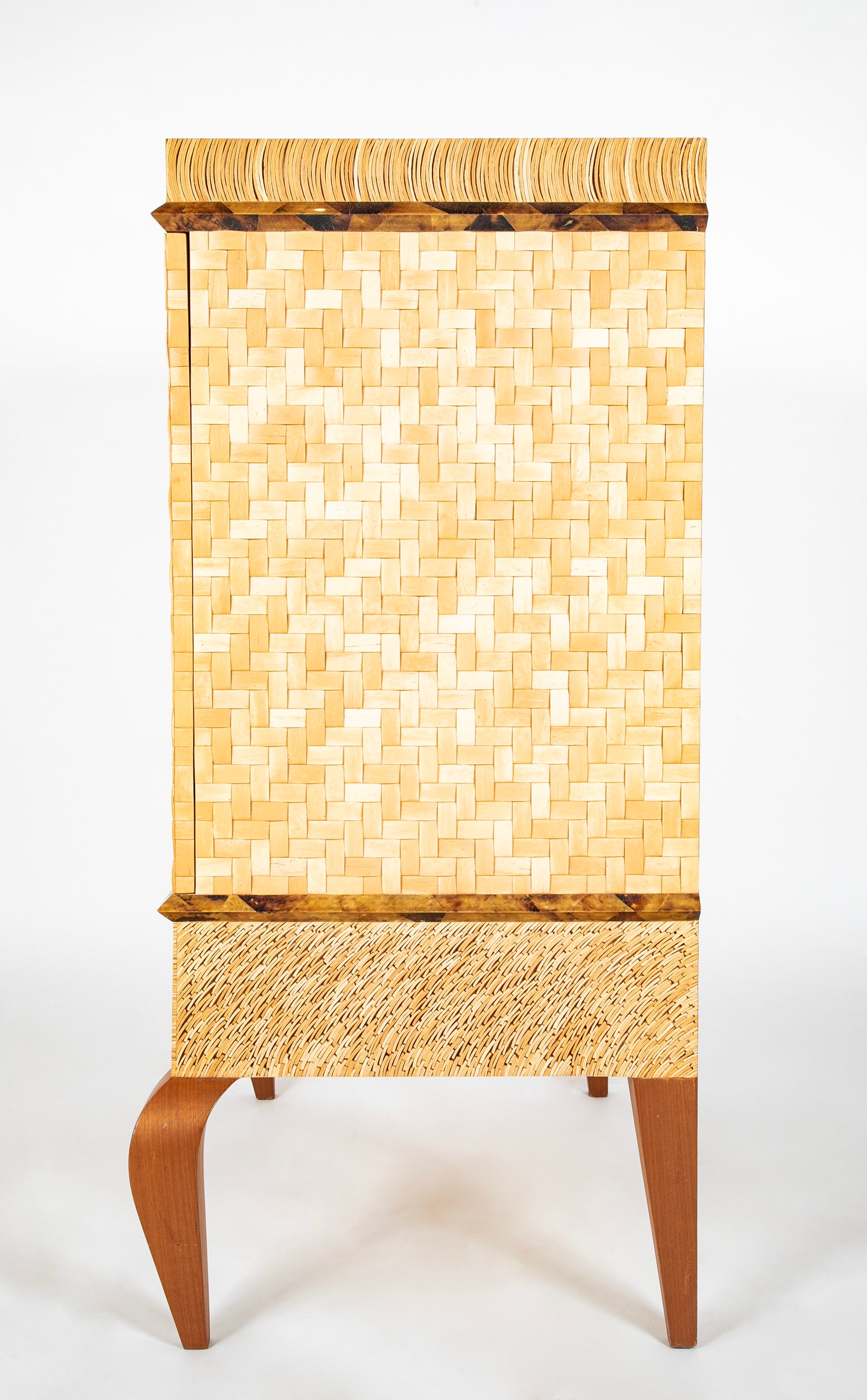 R & Y Augousti Style Lacquered Bamboo, Pen Shell and Egg Shell Cabinet