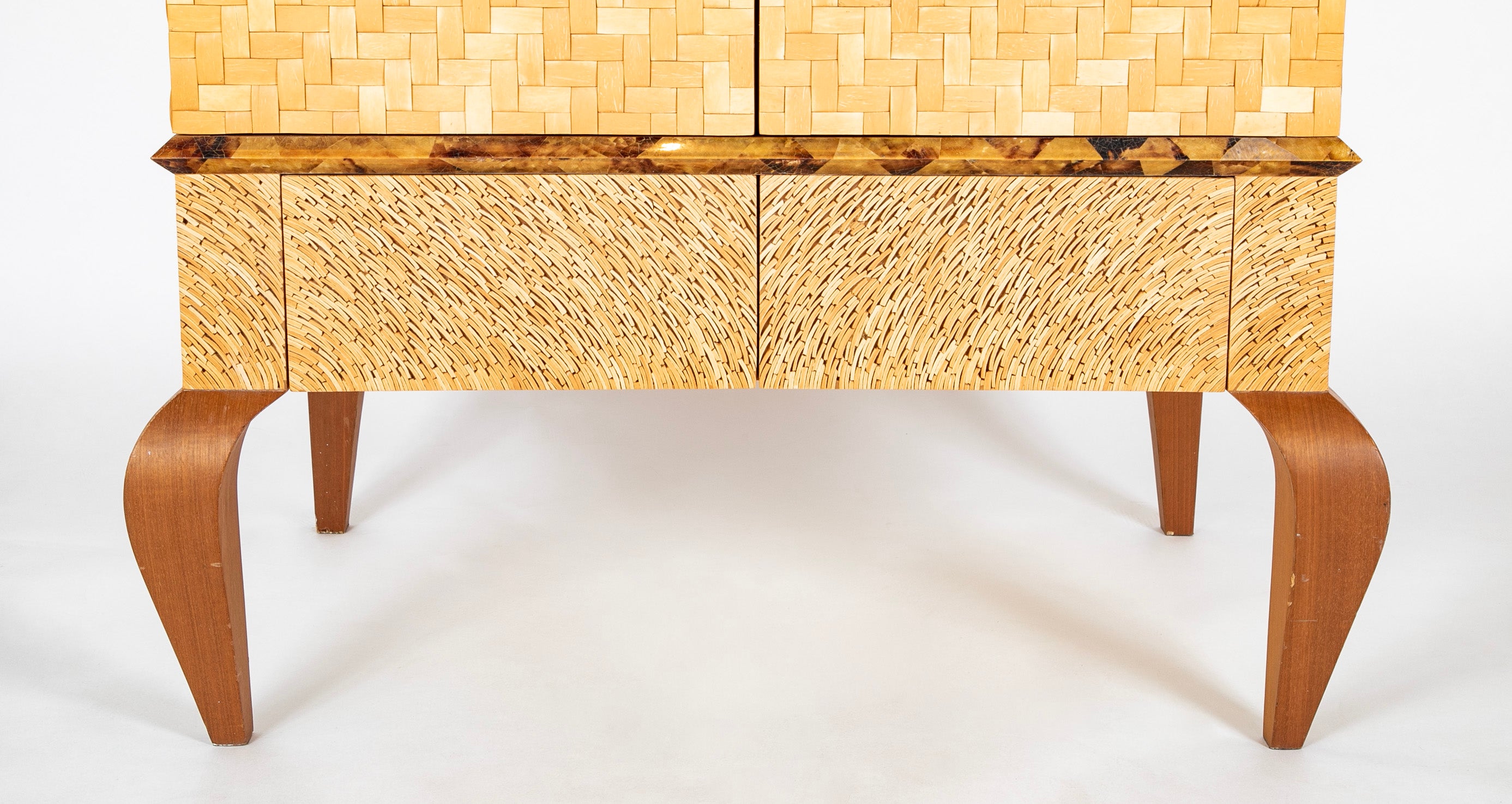 R & Y Augousti Style Lacquered Bamboo, Pen Shell and Egg Shell Cabinet