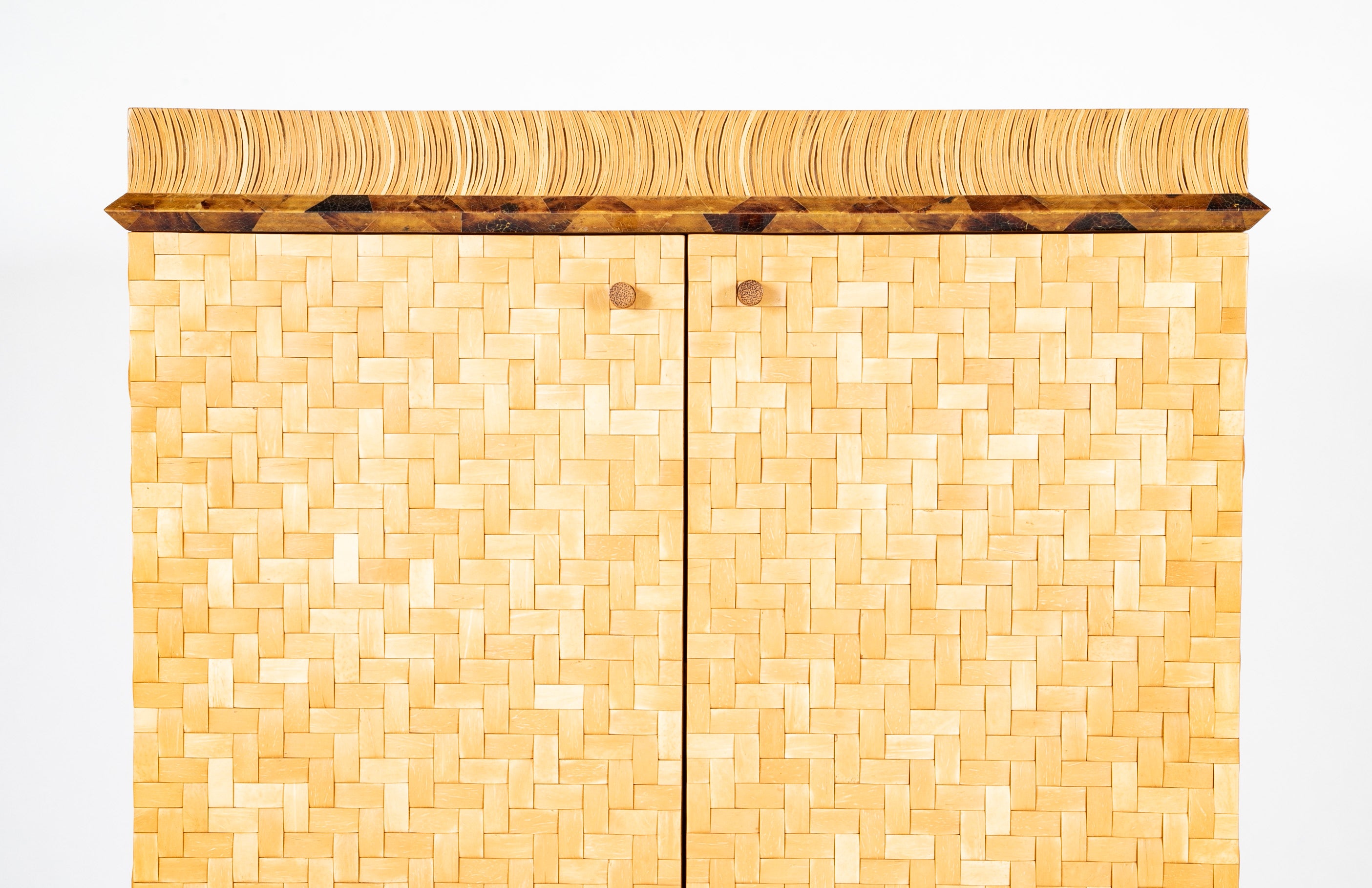 R & Y Augousti Style Lacquered Bamboo, Pen Shell and Egg Shell Cabinet