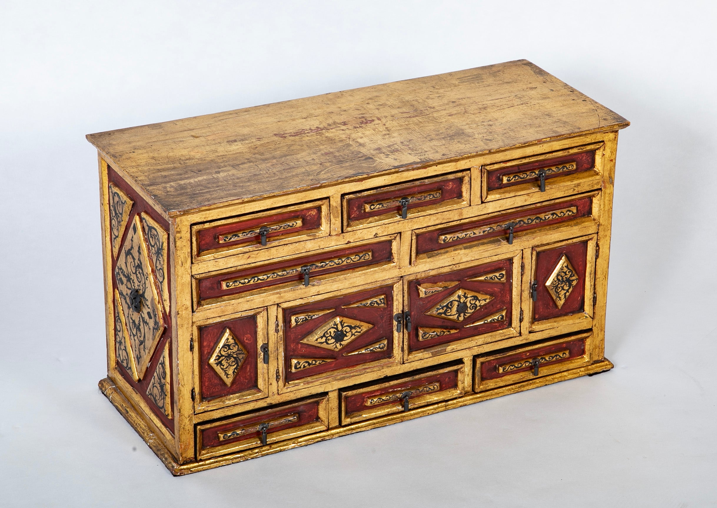 Spanish Colonial Gilt Wood Vargueno With Red and Black Paint