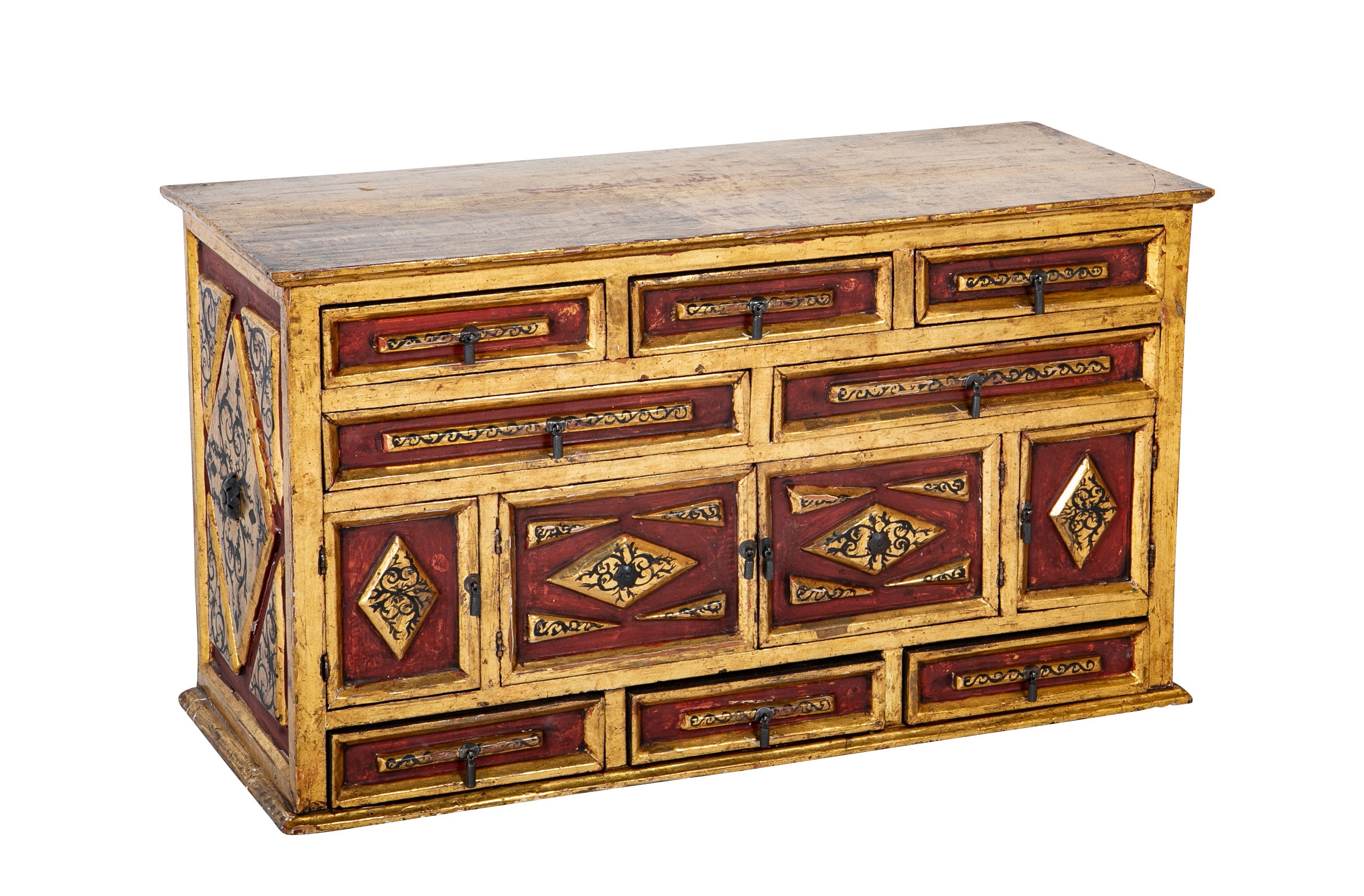 Spanish Colonial Gilt Wood Vargueno With Red and Black Paint