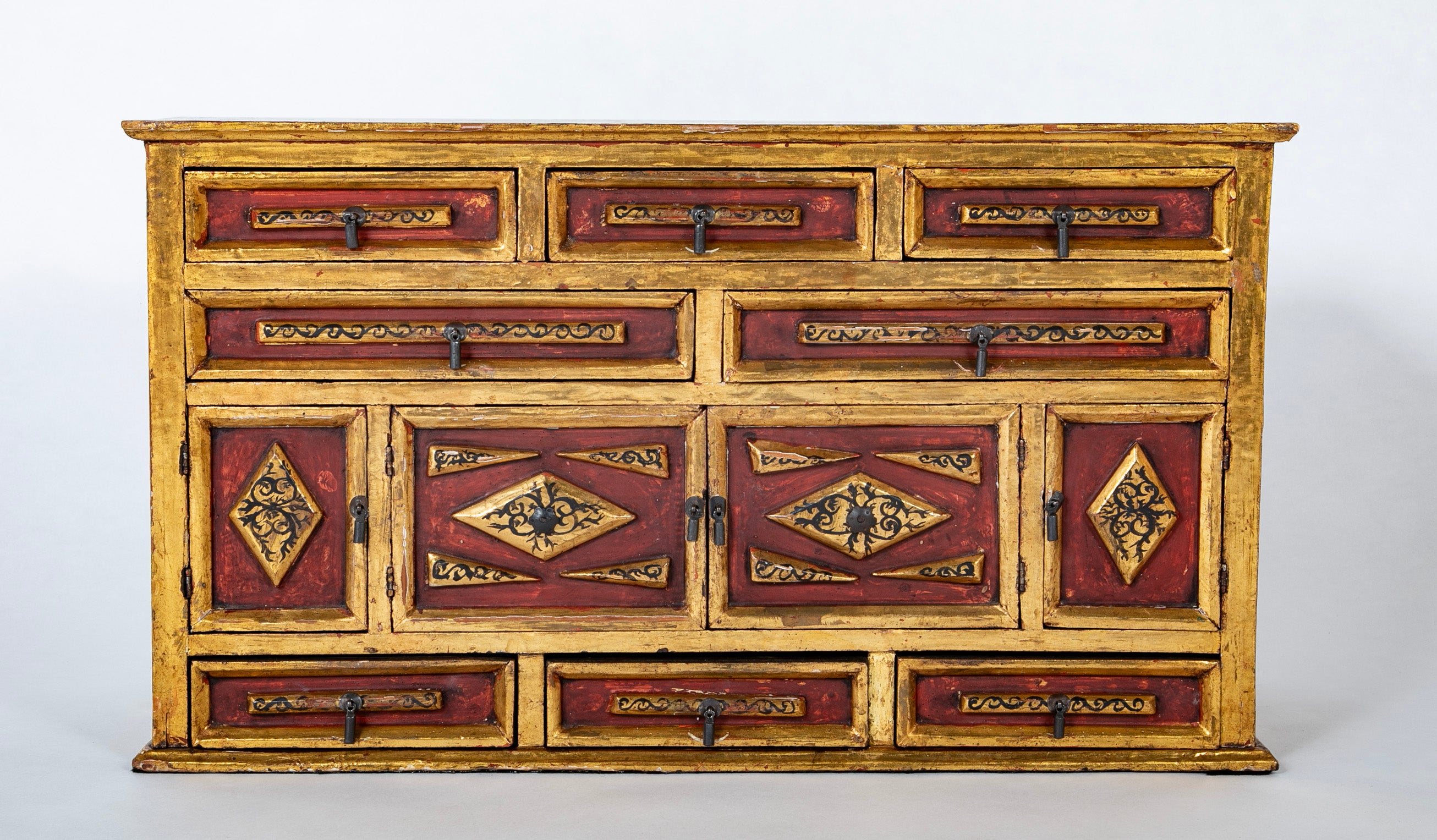 Spanish Colonial Gilt Wood Vargueno With Red and Black Paint