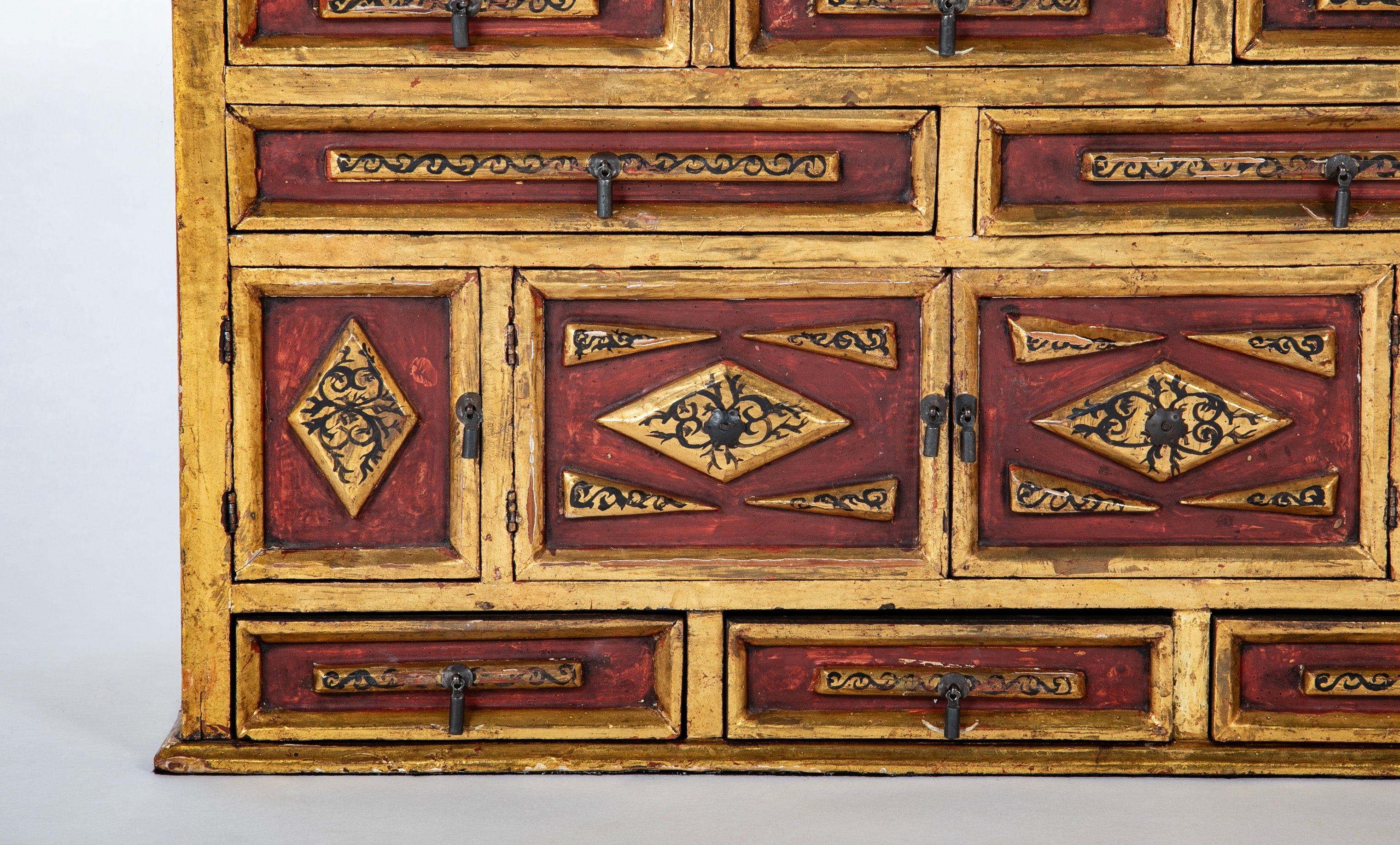 Spanish Colonial Gilt Wood Vargueno With Red and Black Paint