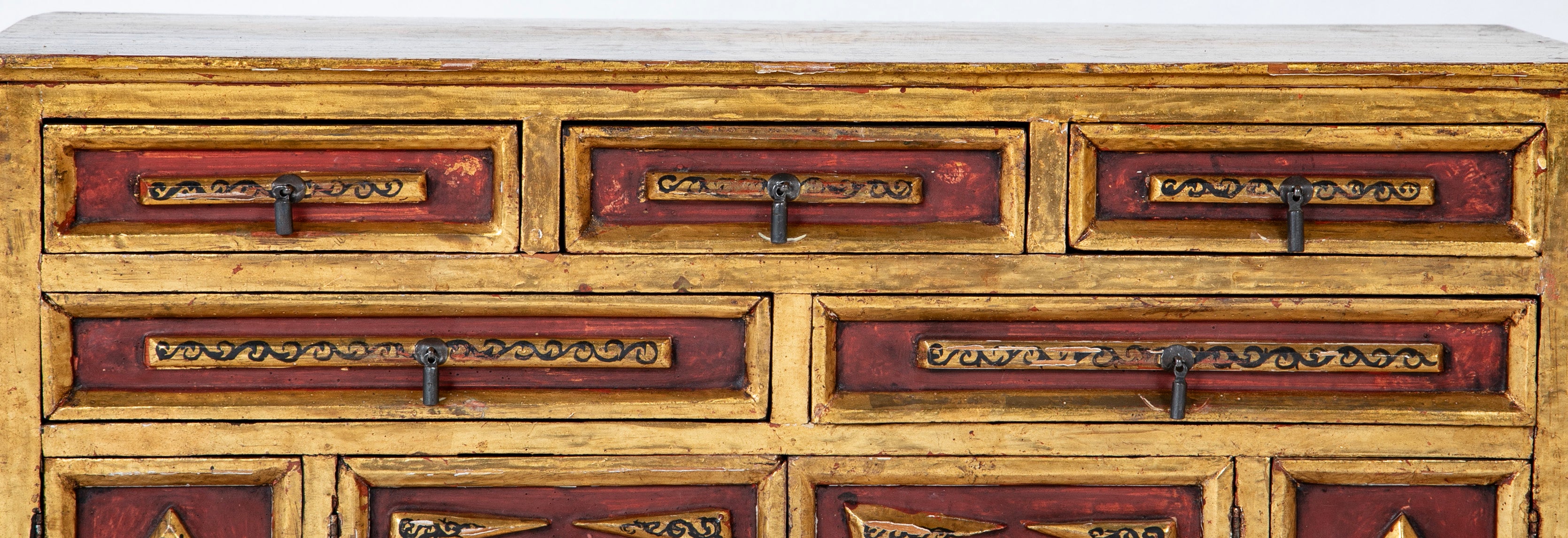 Spanish Colonial Gilt Wood Vargueno With Red and Black Paint