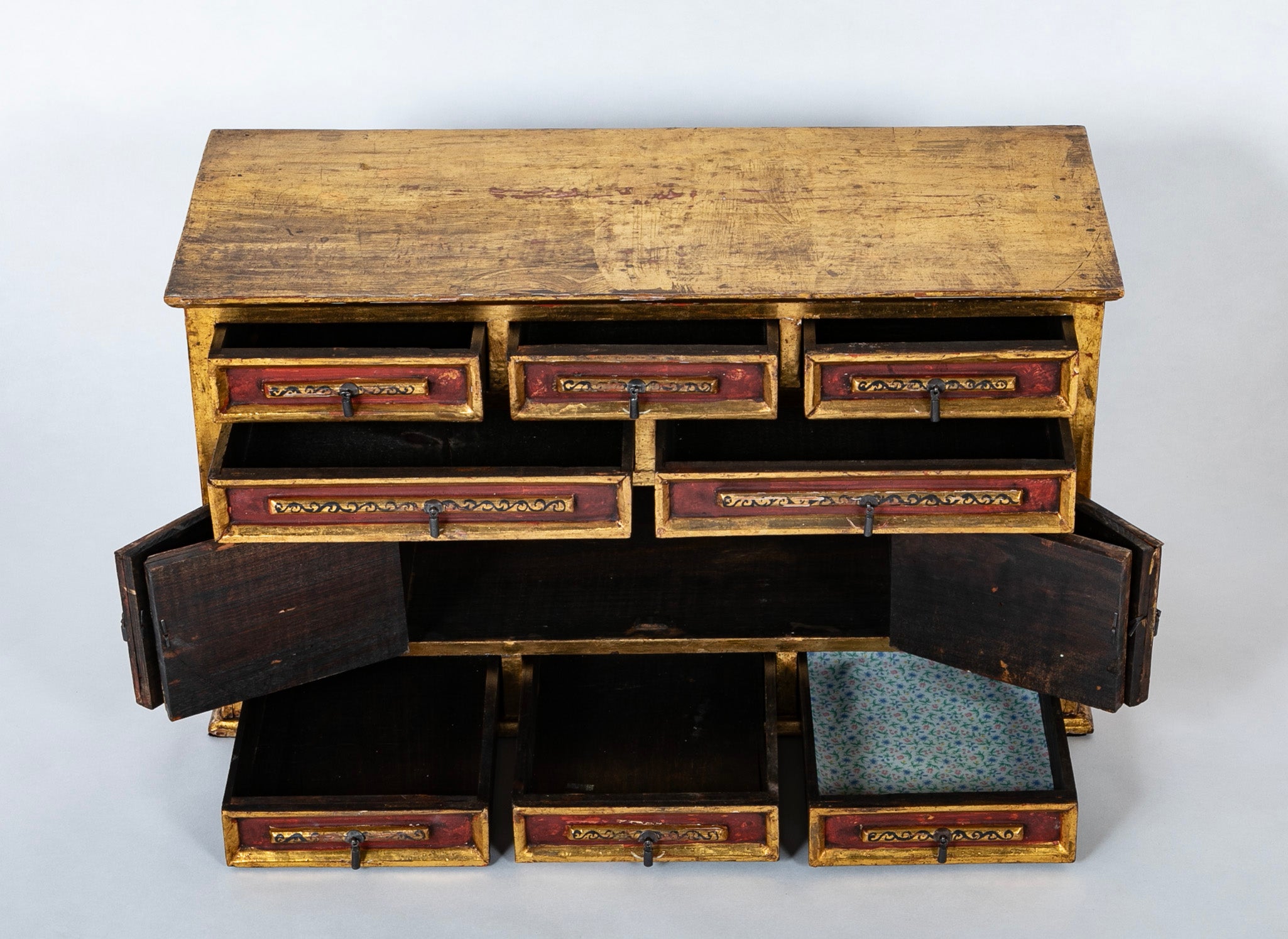 Spanish Colonial Gilt Wood Vargueno With Red and Black Paint