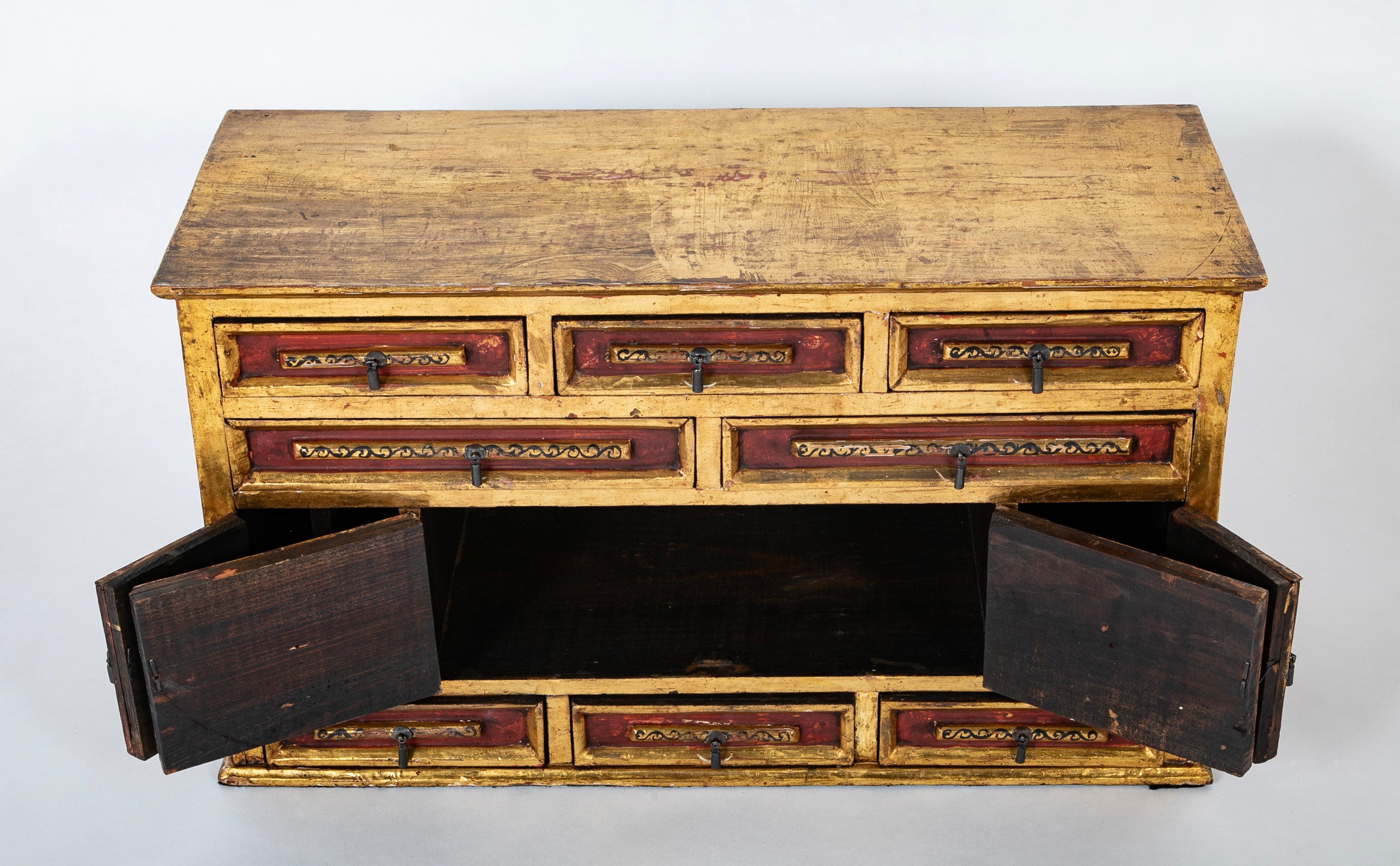 Spanish Colonial Gilt Wood Vargueno With Red and Black Paint