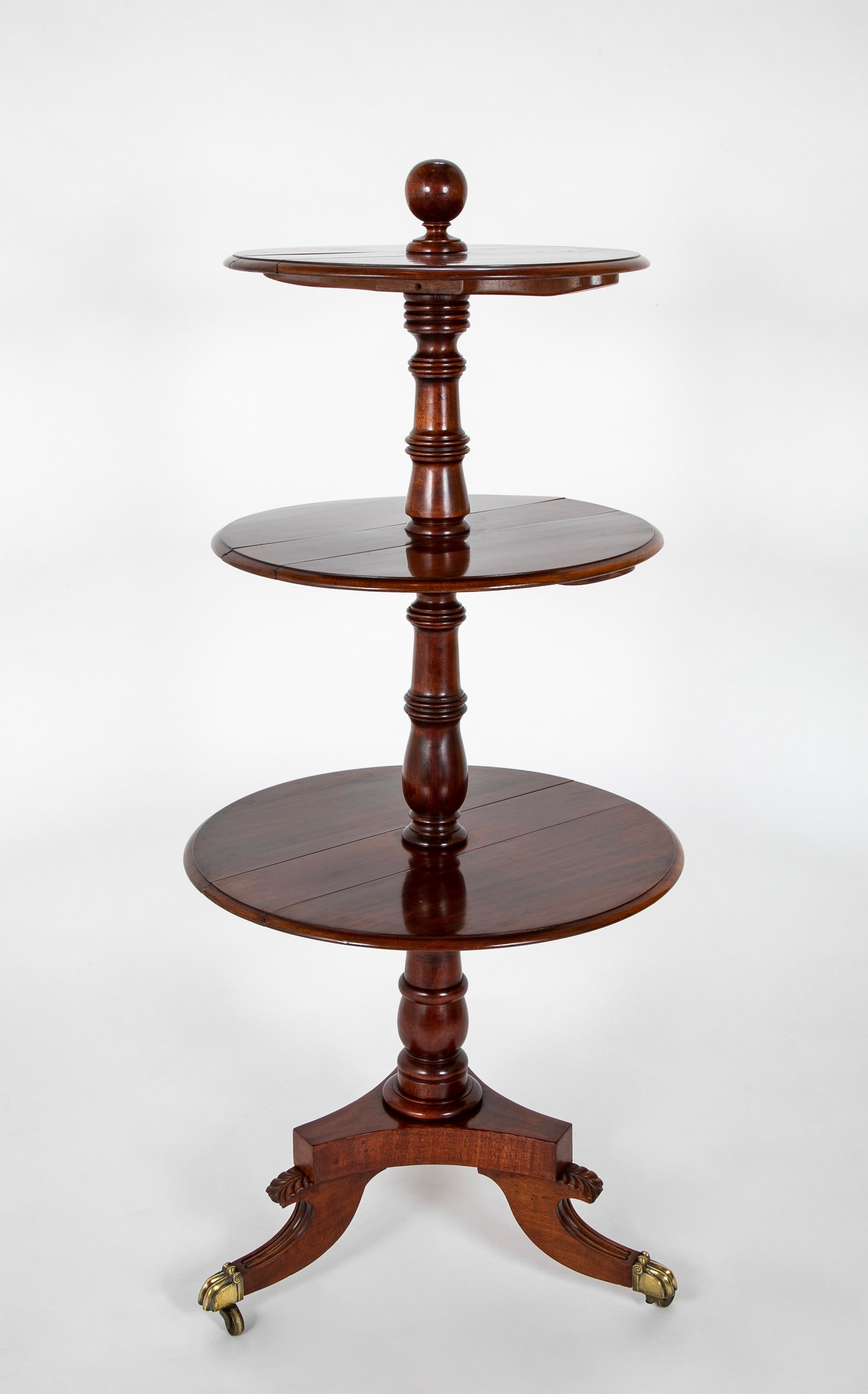 William IV Mahogany DumbwRegency Mahogany Circular Three Tier Folding Dumbwaiter Etagere Brass Castors