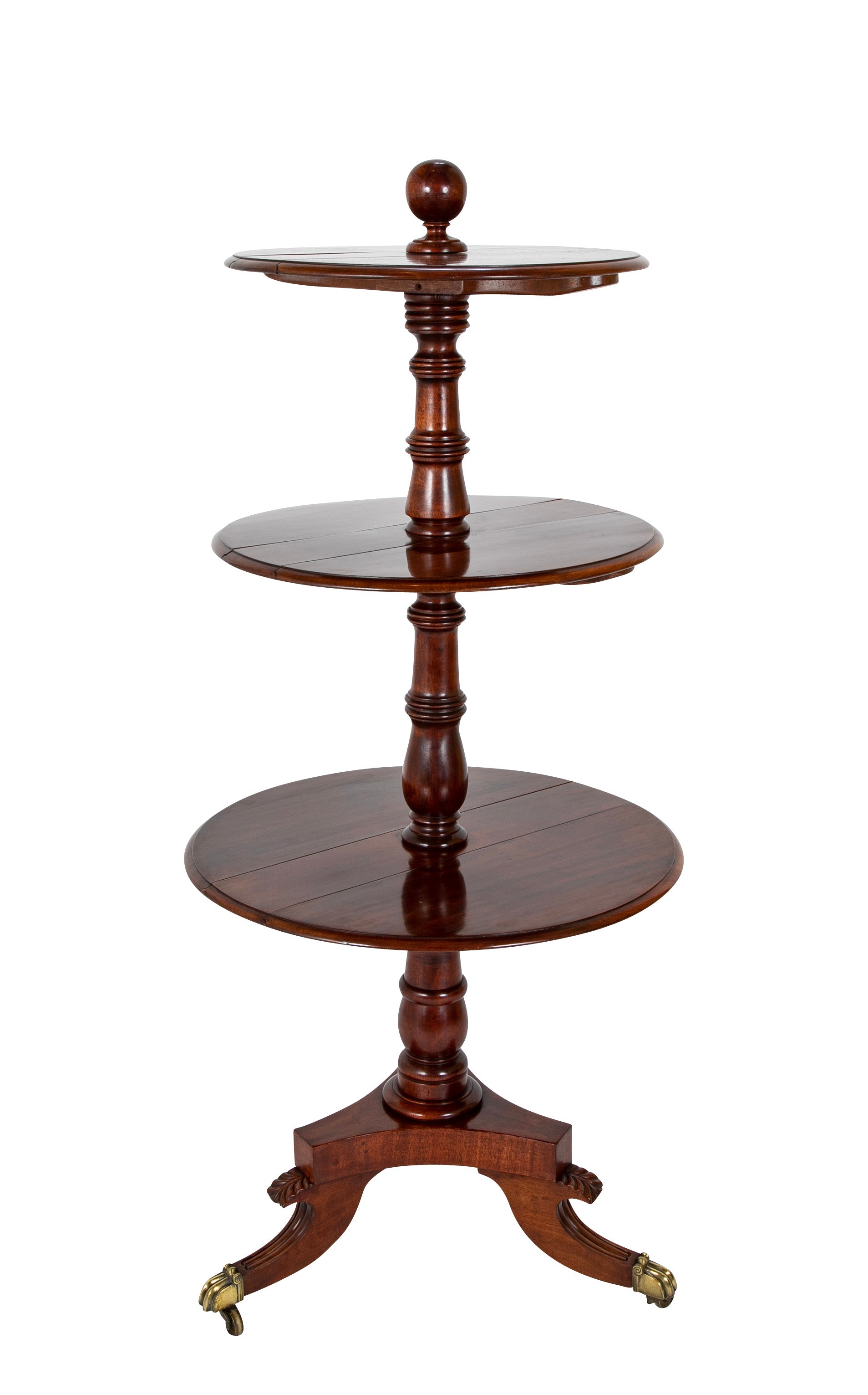 William IV Mahogany DumbwRegency Mahogany Circular Three Tier Folding Dumbwaiter Etagere Brass Castors