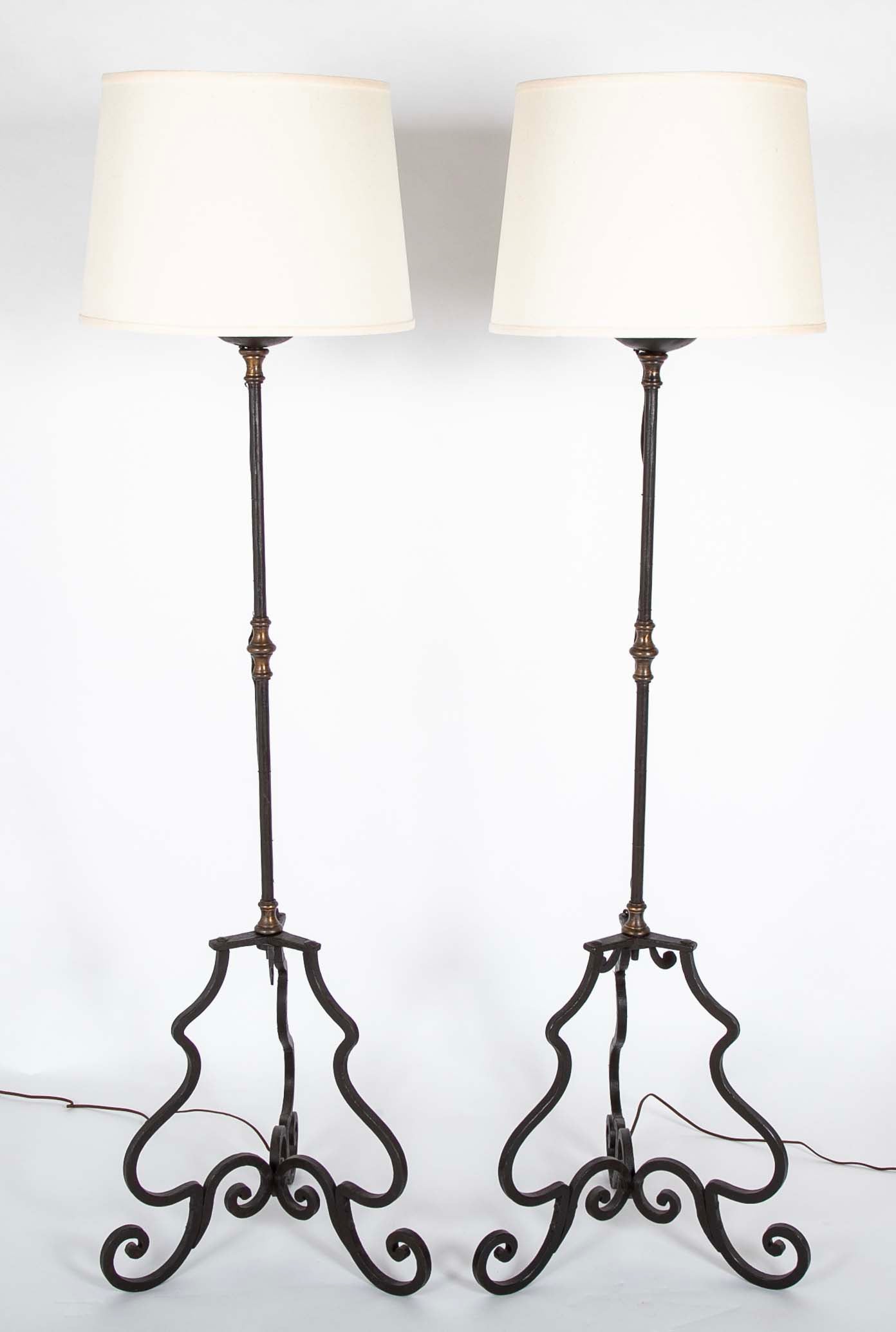 Pair Italian Baroque Style Wrought Iron and Bronze Torchere Floor Lamps