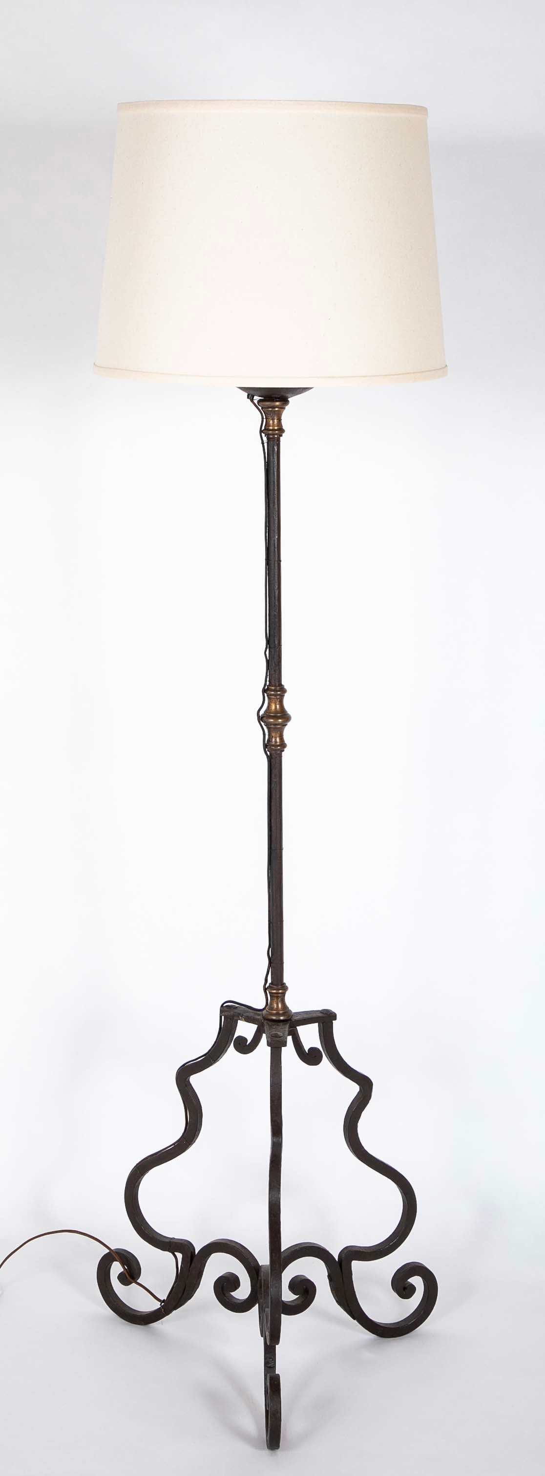 Pair Italian Baroque Style Wrought Iron and Bronze Torchere Floor Lamps
