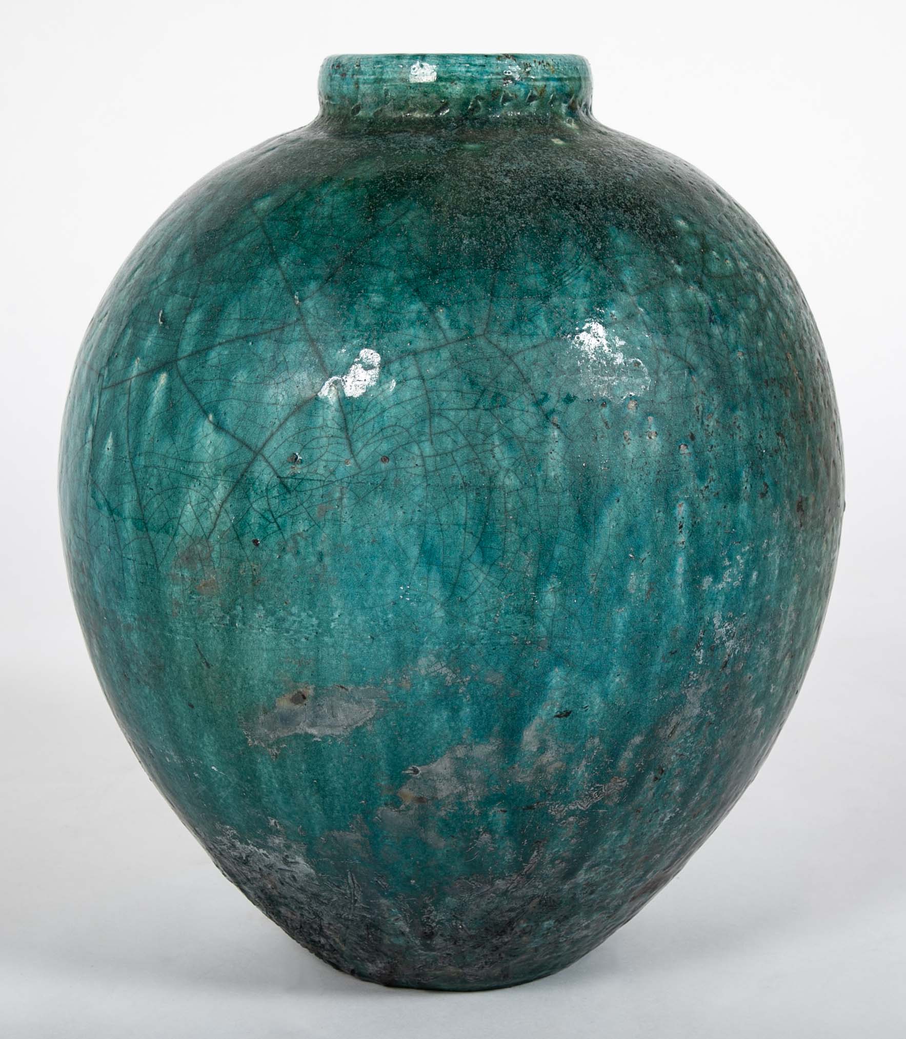 18th Century Ottoman Ceramic Jar With Blue Green Glaze
