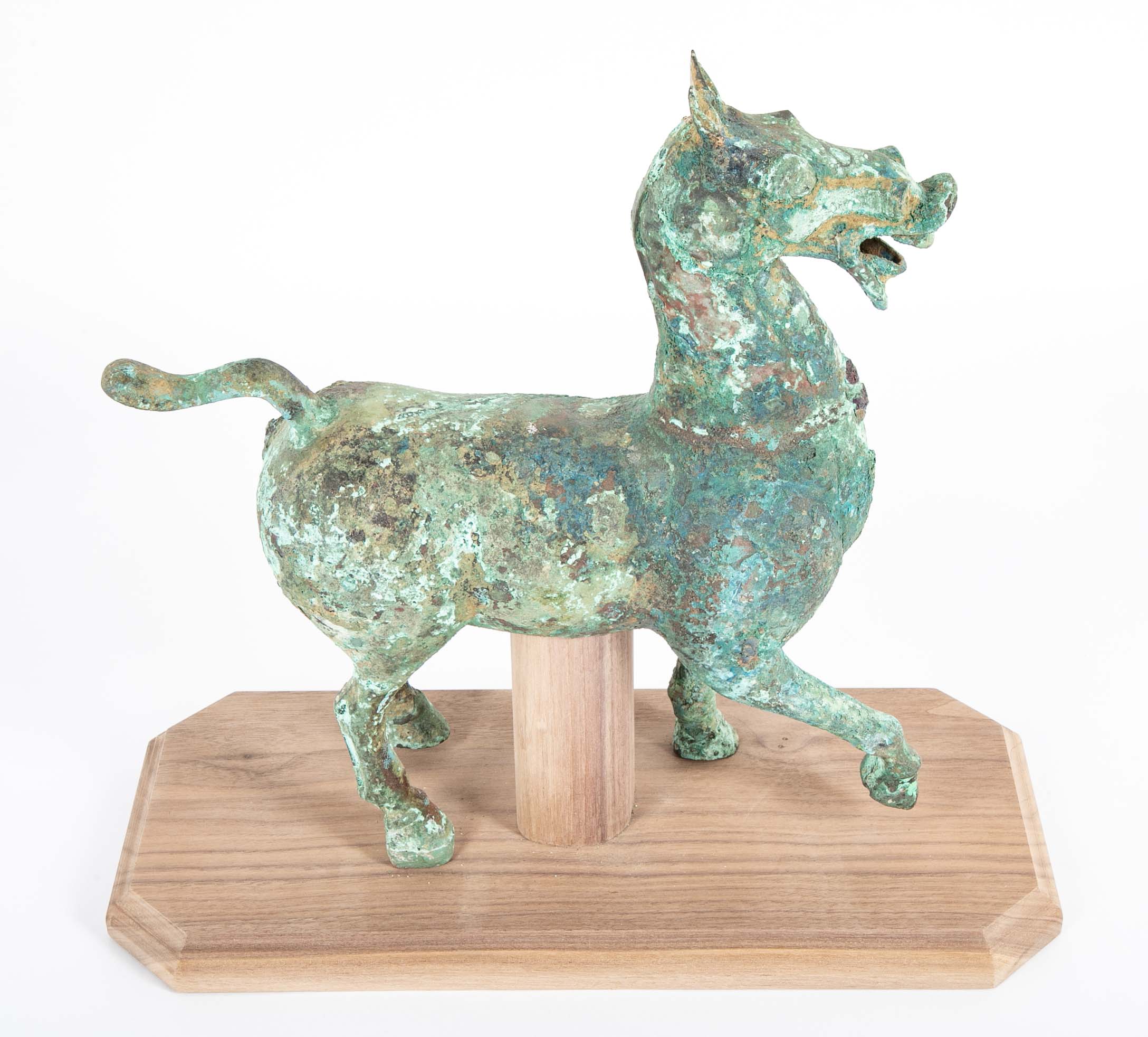 Chinese Han Style Bronze Prancing Horse on Custom Stand