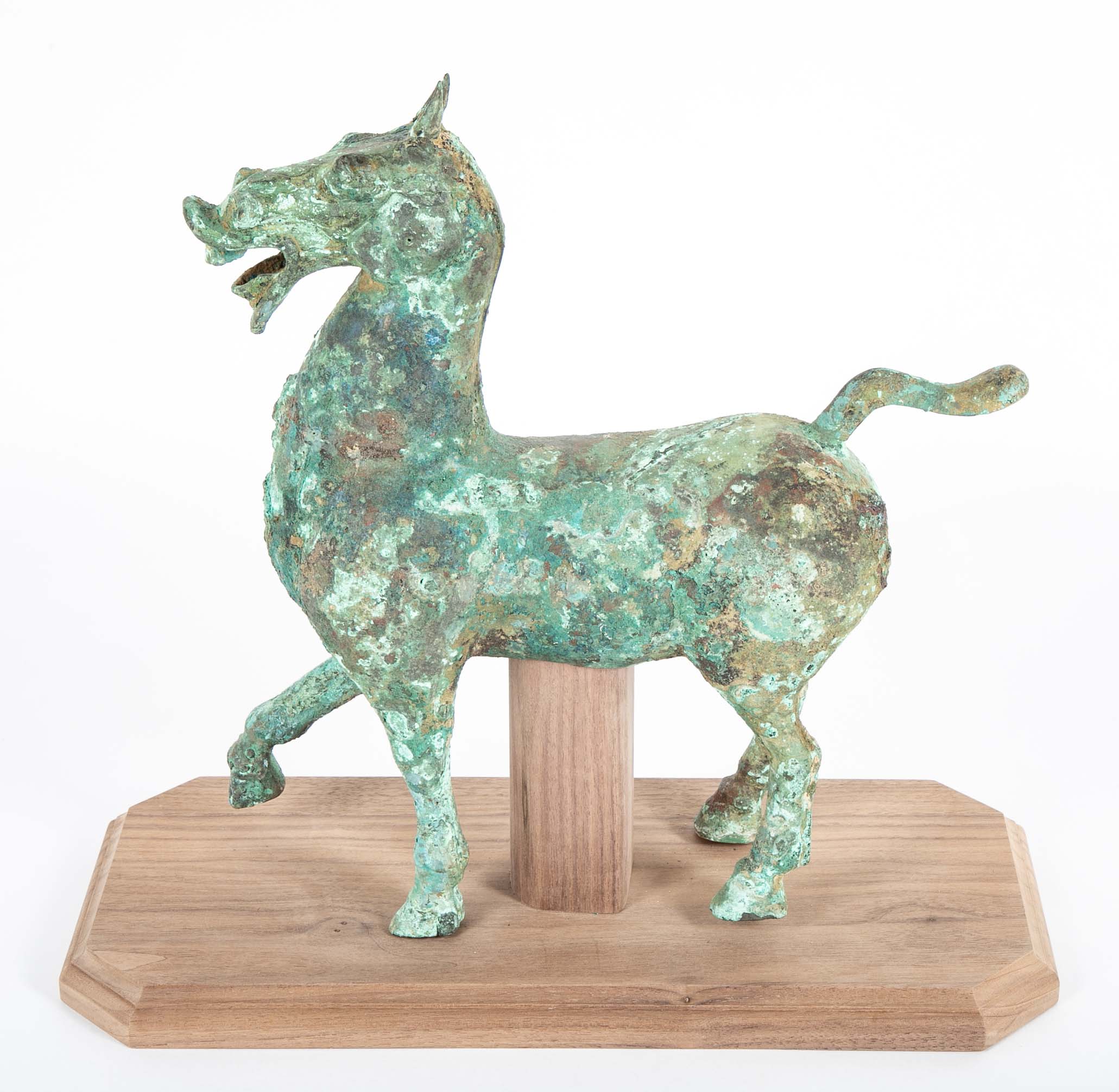 Chinese Han Style Bronze Prancing Horse on Custom Stand