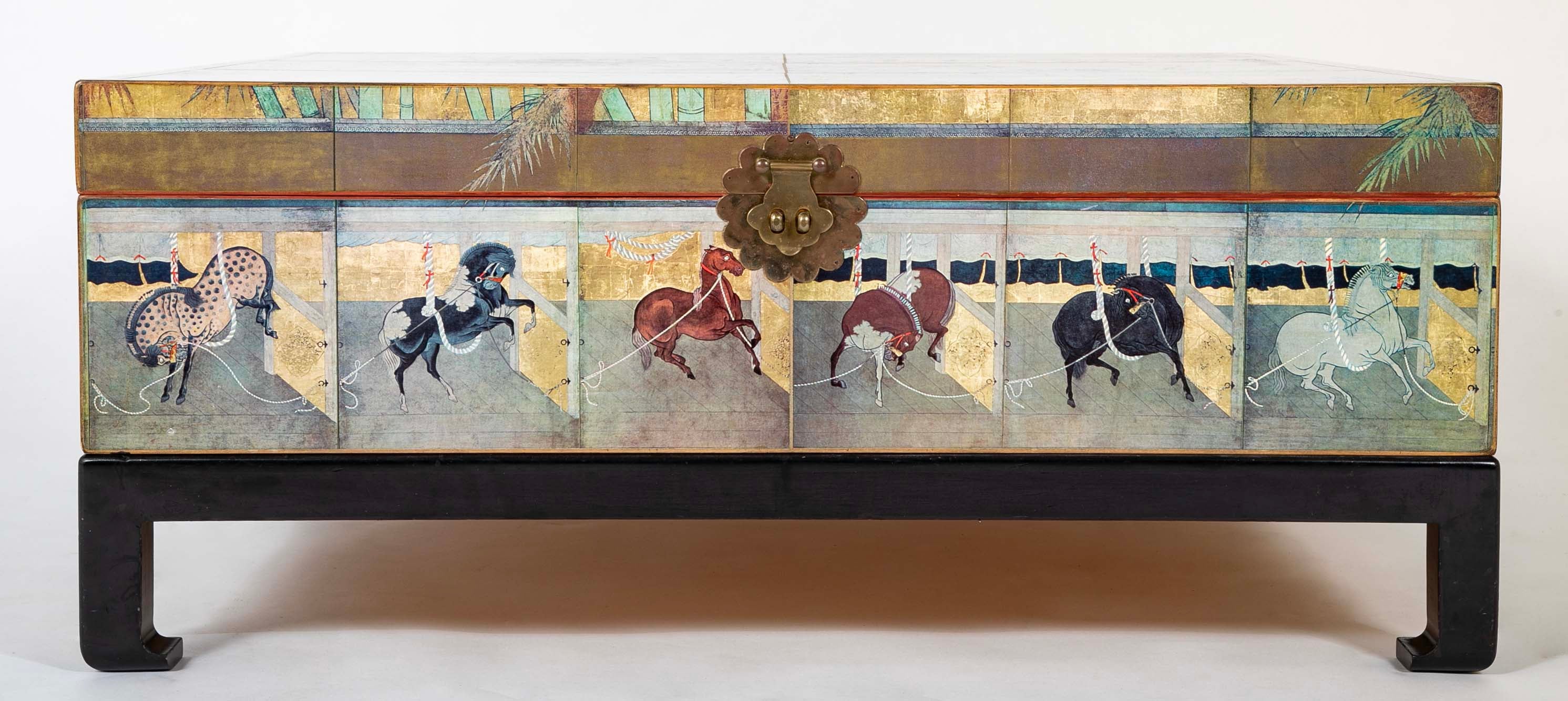 Japanese 18th Century Style Lacquered Coffee Table With Scenes of Horses