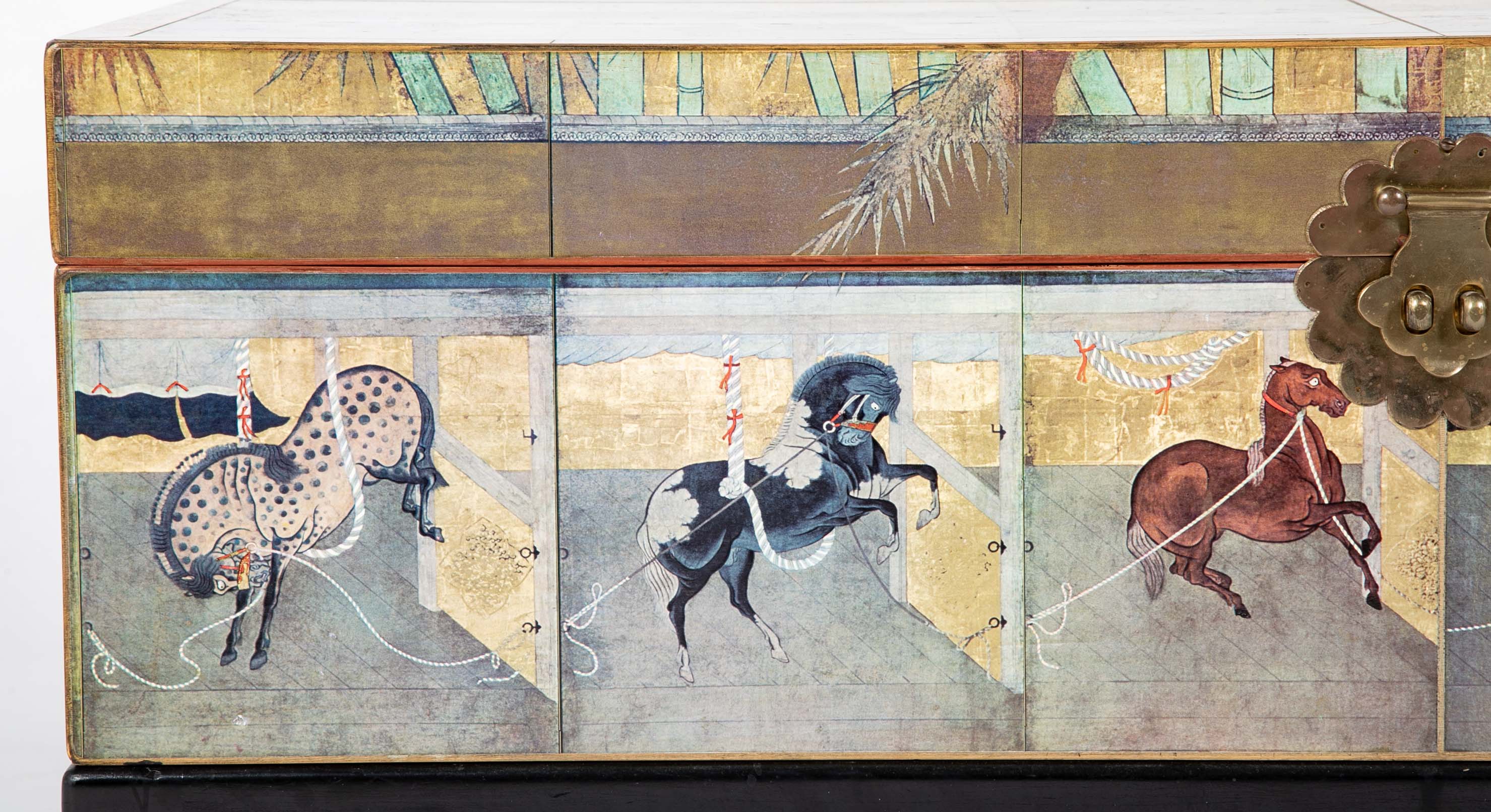 Japanese 18th Century Style Lacquered Coffee Table With Scenes of Horses