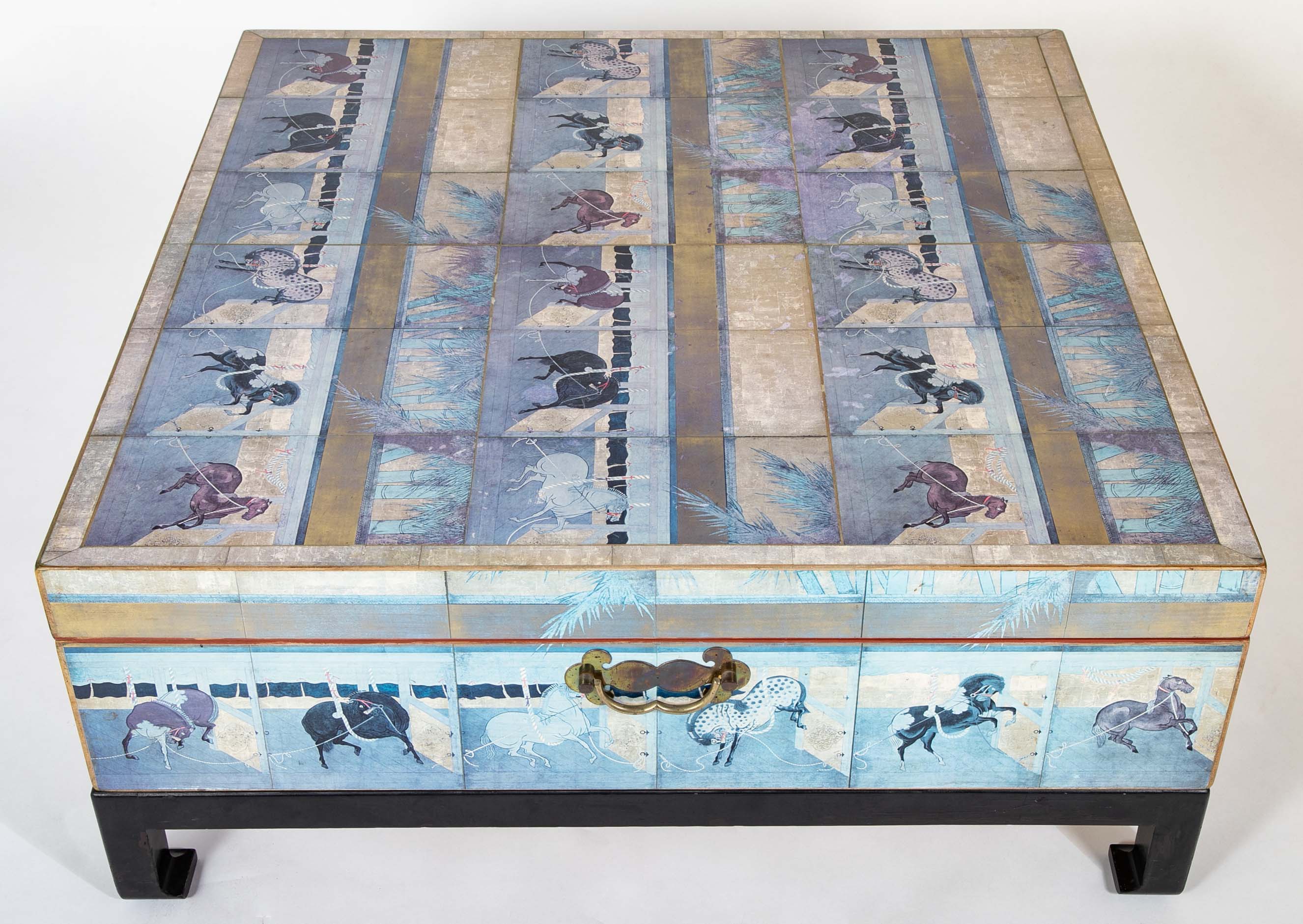 Japanese 18th Century Style Lacquered Coffee Table With Scenes of Horses