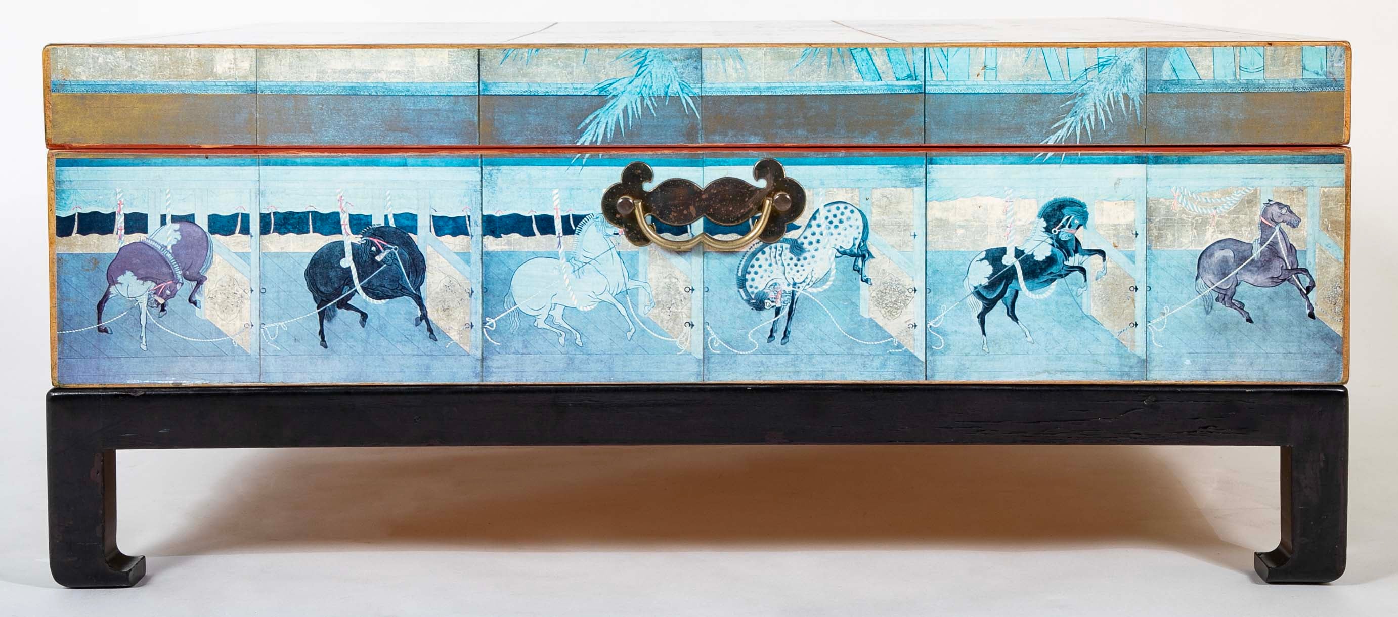 Japanese 18th Century Style Lacquered Coffee Table With Scenes of Horses