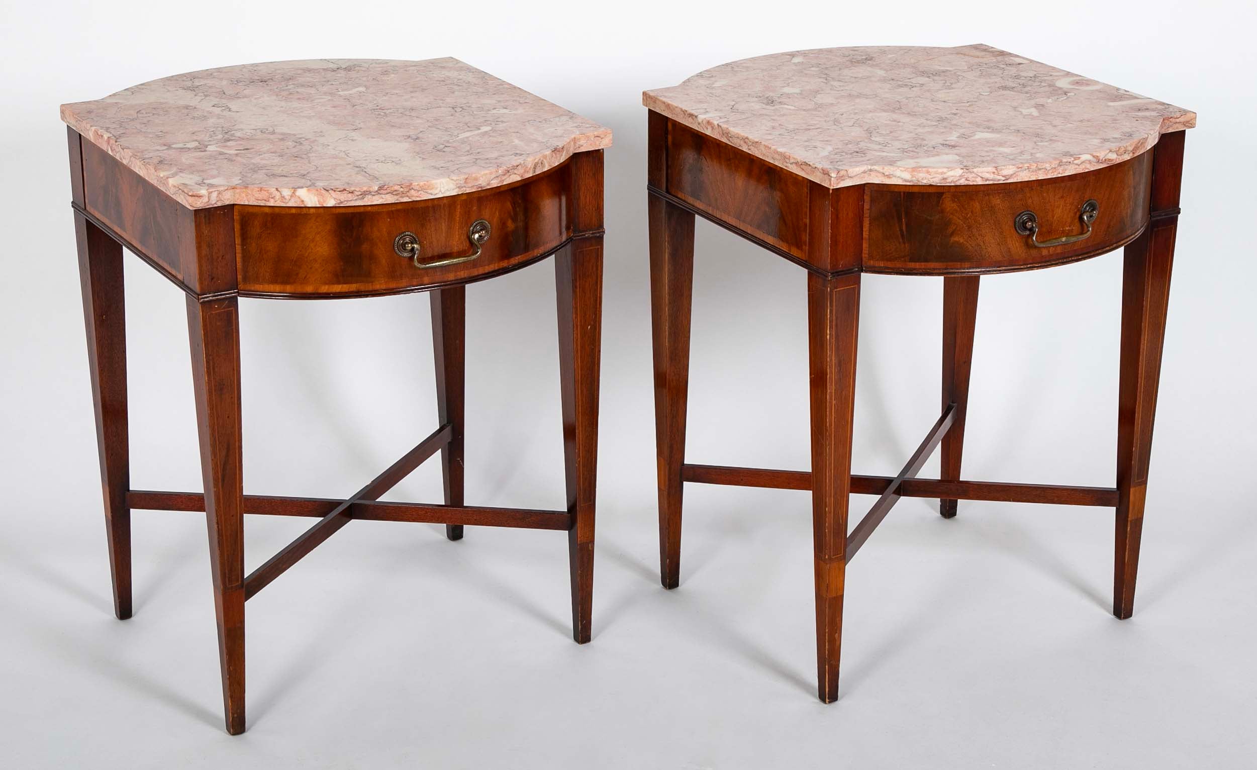 Pair Marble Topped Side Tables With Mahogany Veneer Satinwood Inlay, Weiman USA