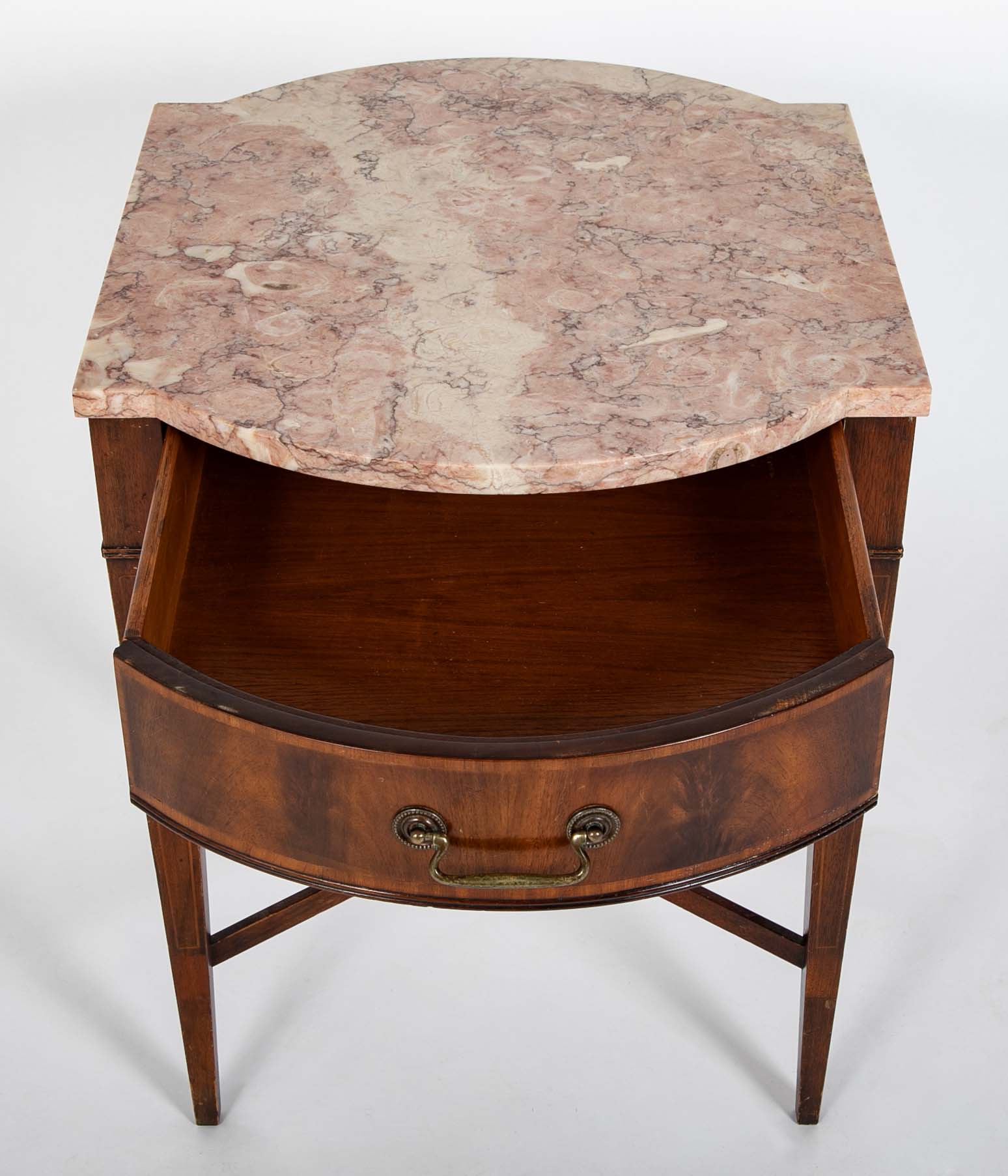Pair Marble Topped Side Tables With Mahogany Veneer Satinwood Inlay, Weiman USA