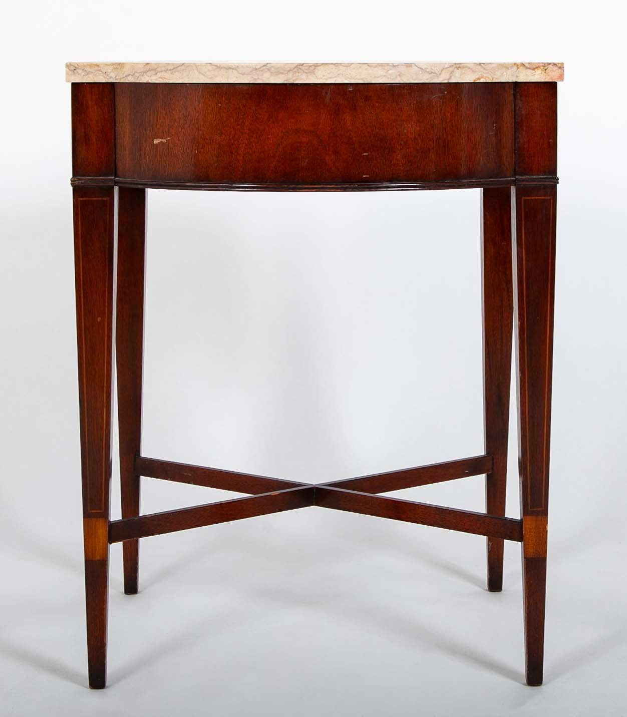 Pair Marble Topped Side Tables With Mahogany Veneer Satinwood Inlay, Weiman USA