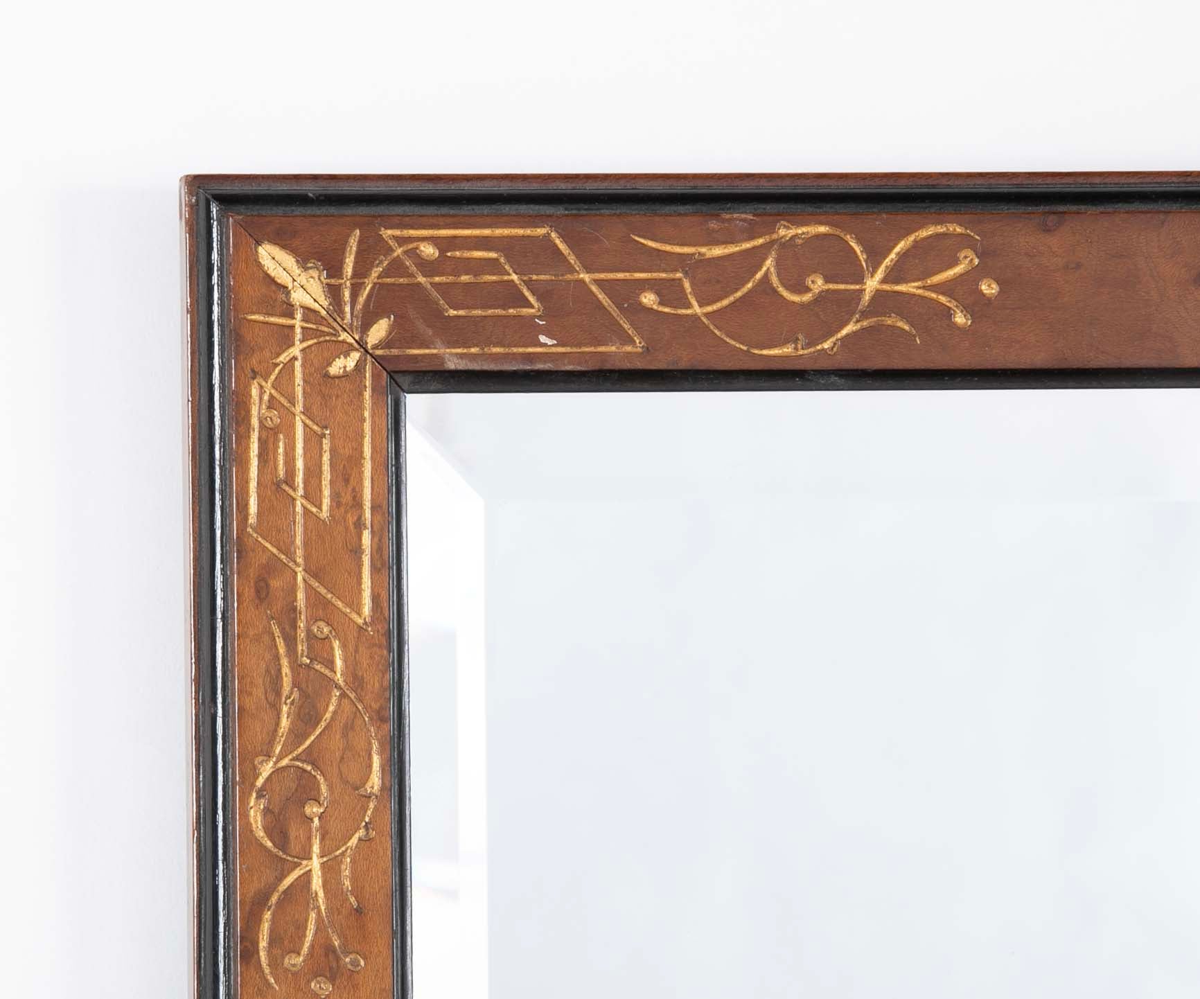 Pair of Burlwood Framed Mirror with Ebonized Borders and Incised Gilt Decorations