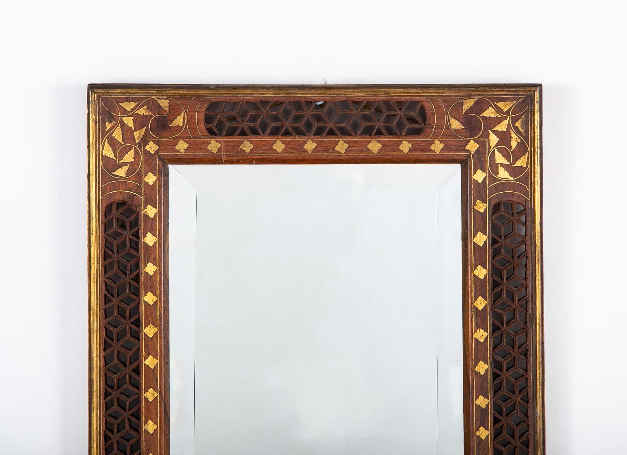 Set of 3 Anglo Indian Hardwood Framed Mirrors with Open Fretwork and Brass Inlay
