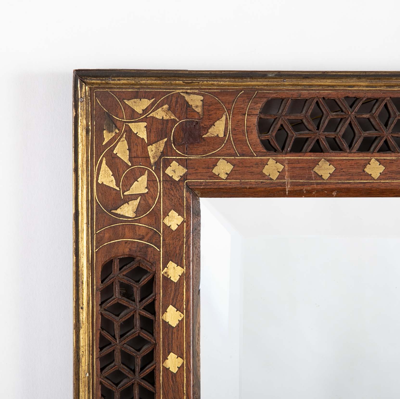 Set of 3 Anglo Indian Hardwood Framed Mirrors with Open Fretwork and Brass Inlay