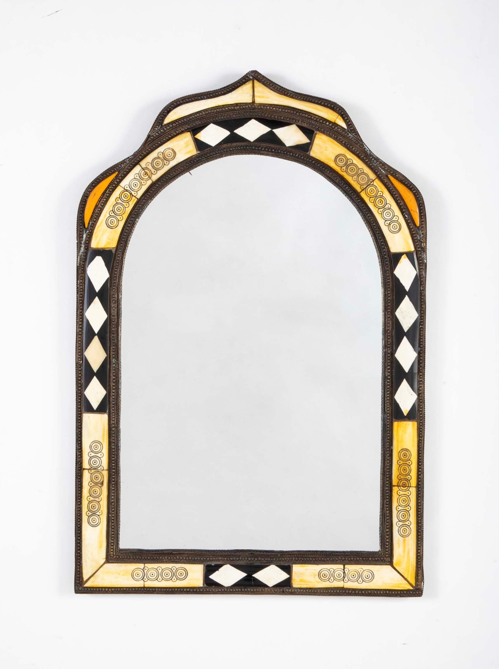 Early 20th Century Moorish Style Moroccan Incised Bone Mirror with Brass Border