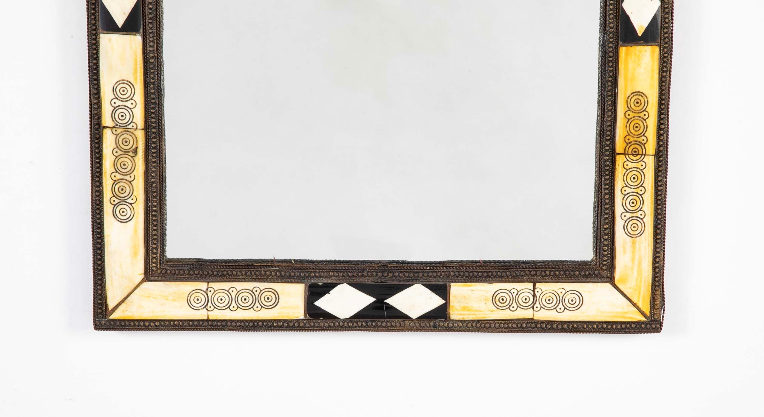 Early 20th Century Moorish Style Moroccan Incised Bone Mirror with Brass Border