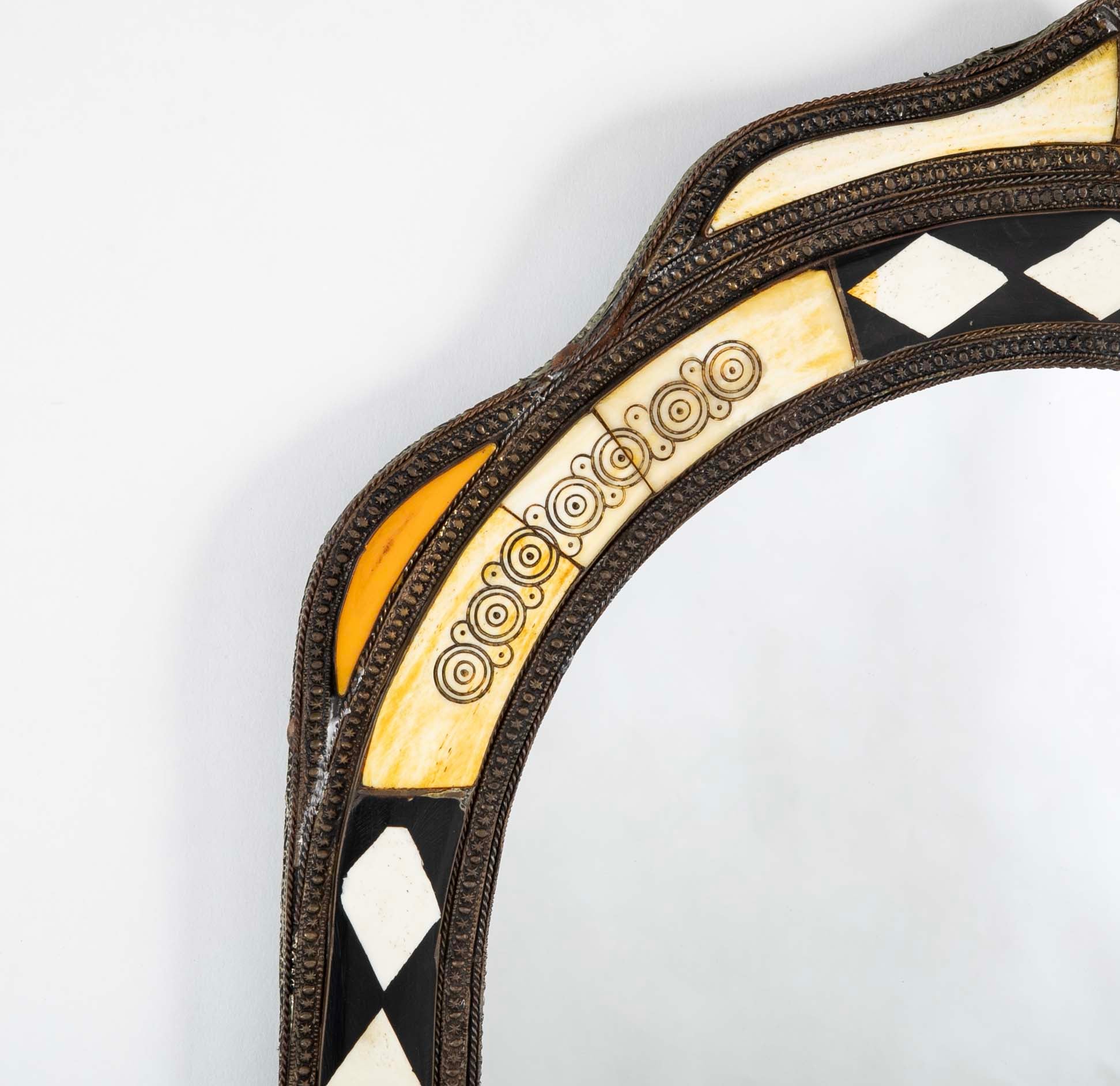 Early 20th Century Moorish Style Moroccan Incised Bone Mirror with Brass Border