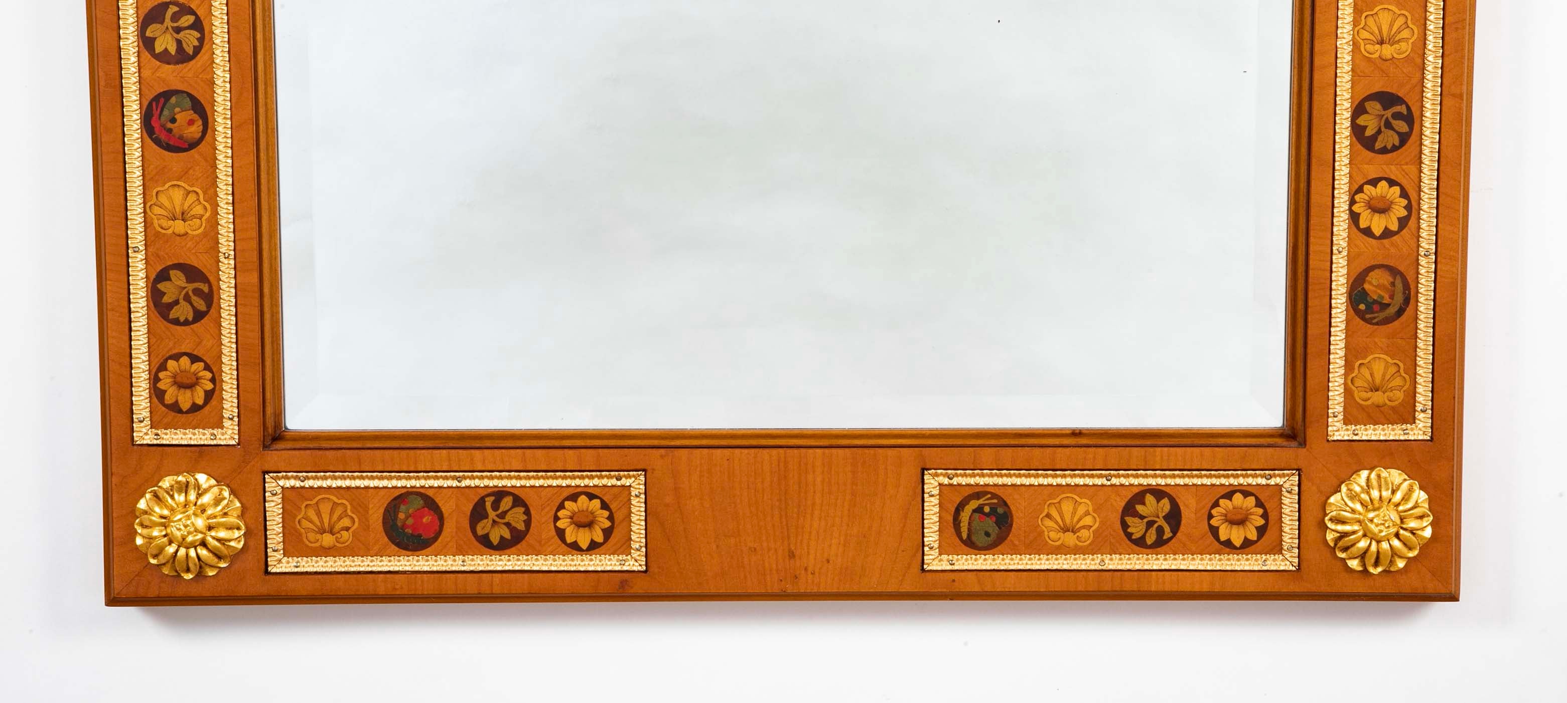 Italian Inlaid Mirror with Gilt Wood and Gilt Bronze.