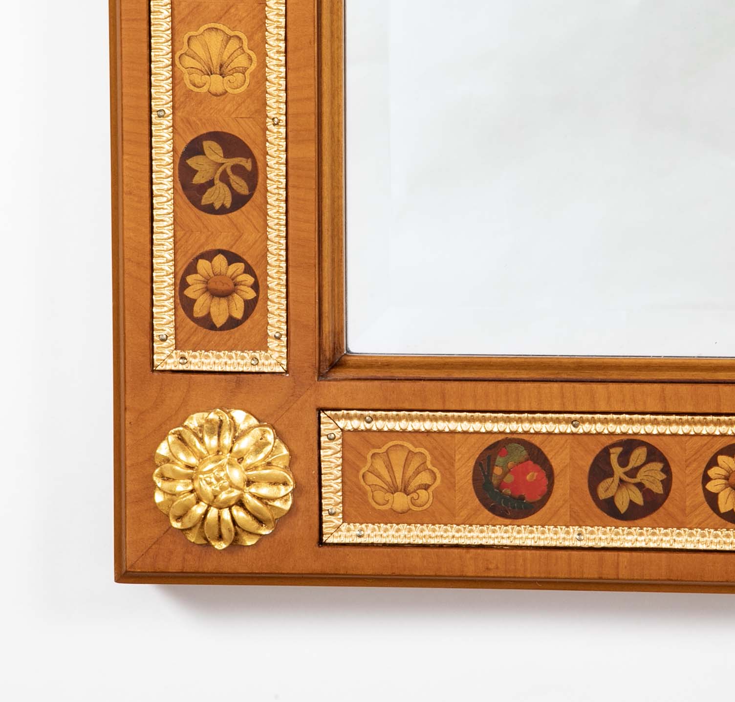 Italian Inlaid Mirror with Gilt Wood and Gilt Bronze.