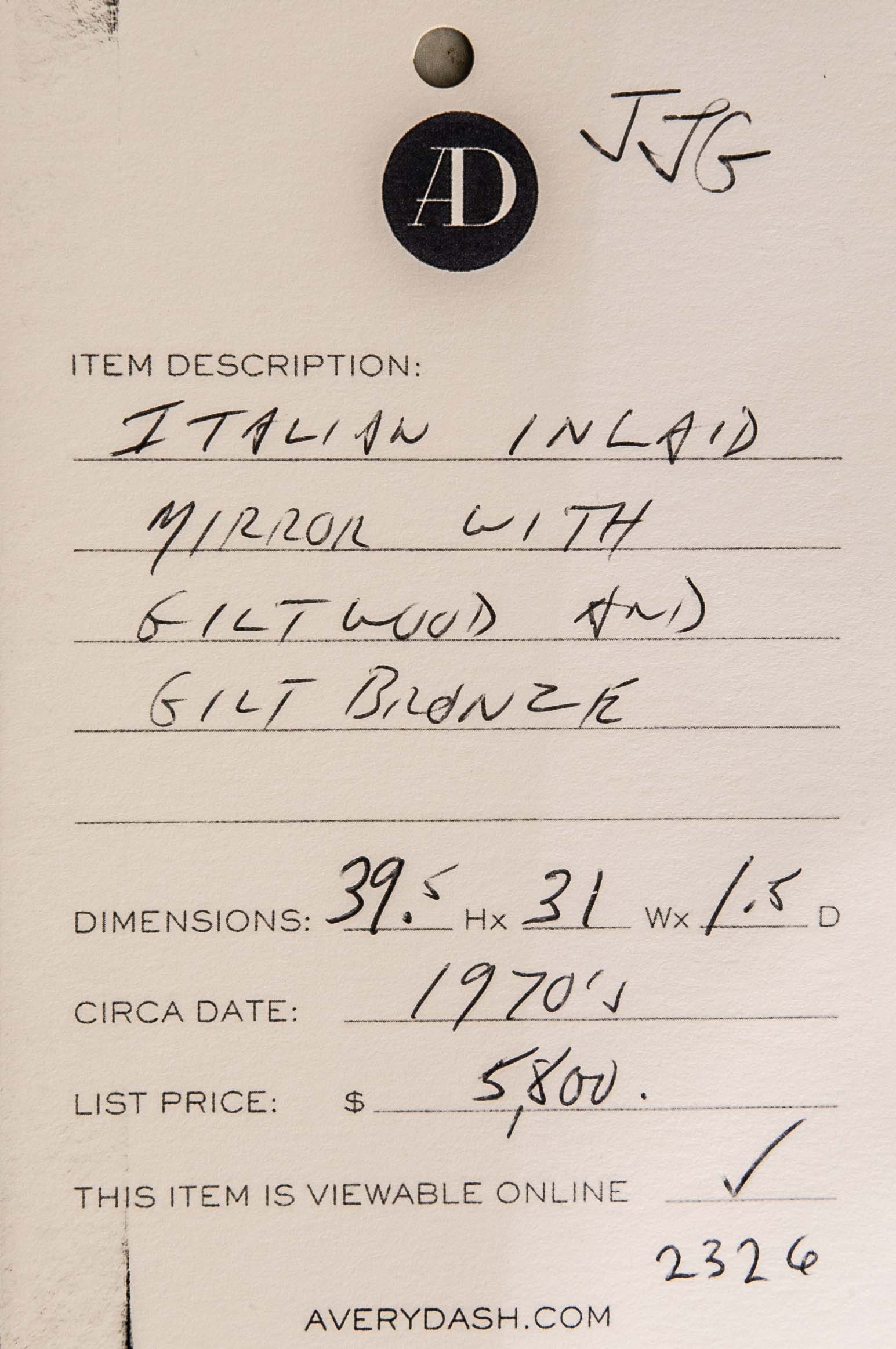 Italian Inlaid Mirror with Gilt Wood and Gilt Bronze.