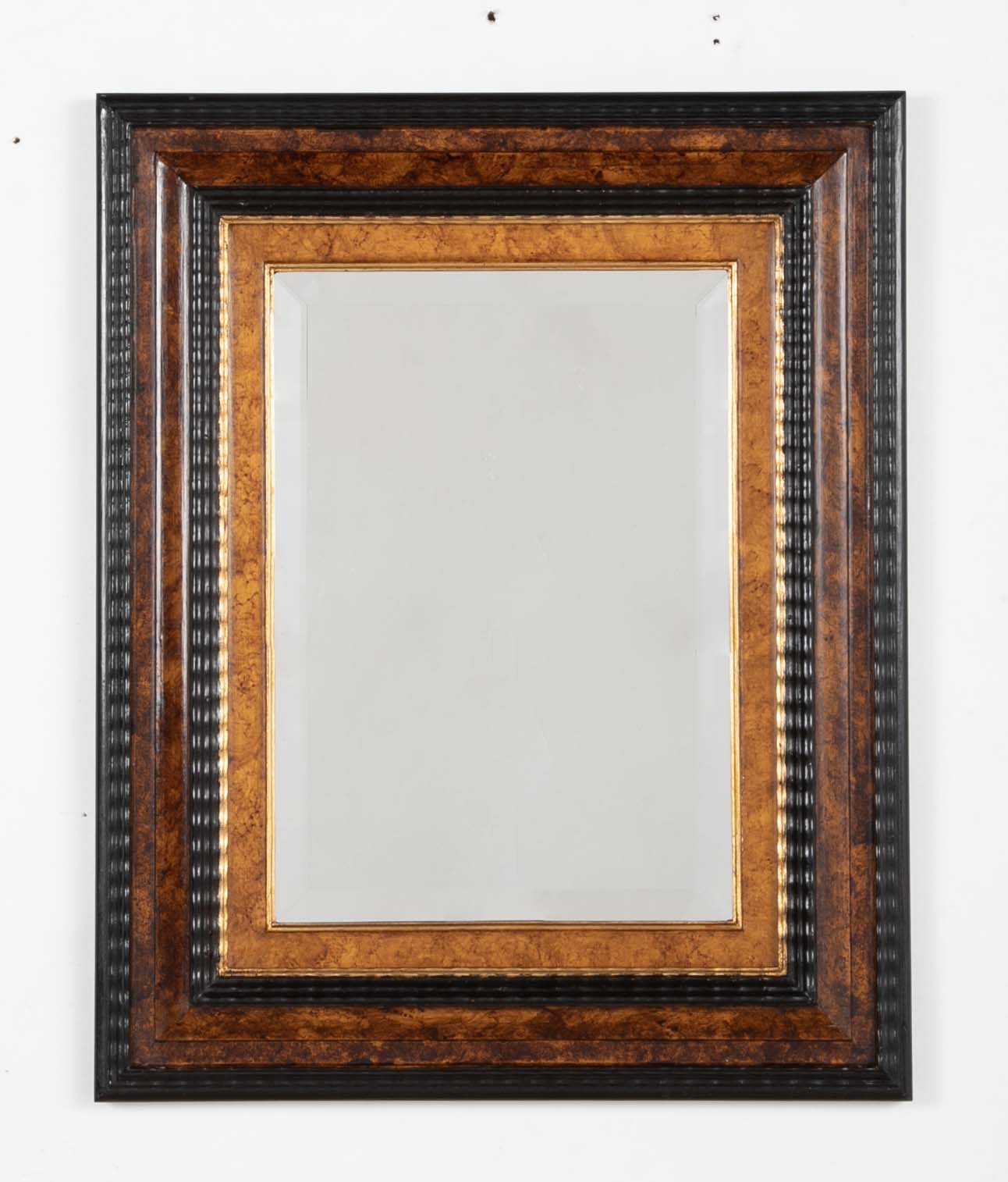 Dutch Baroque Style Ebonized Gilt Ripple Mold Framed Mirror with Beveled Glass